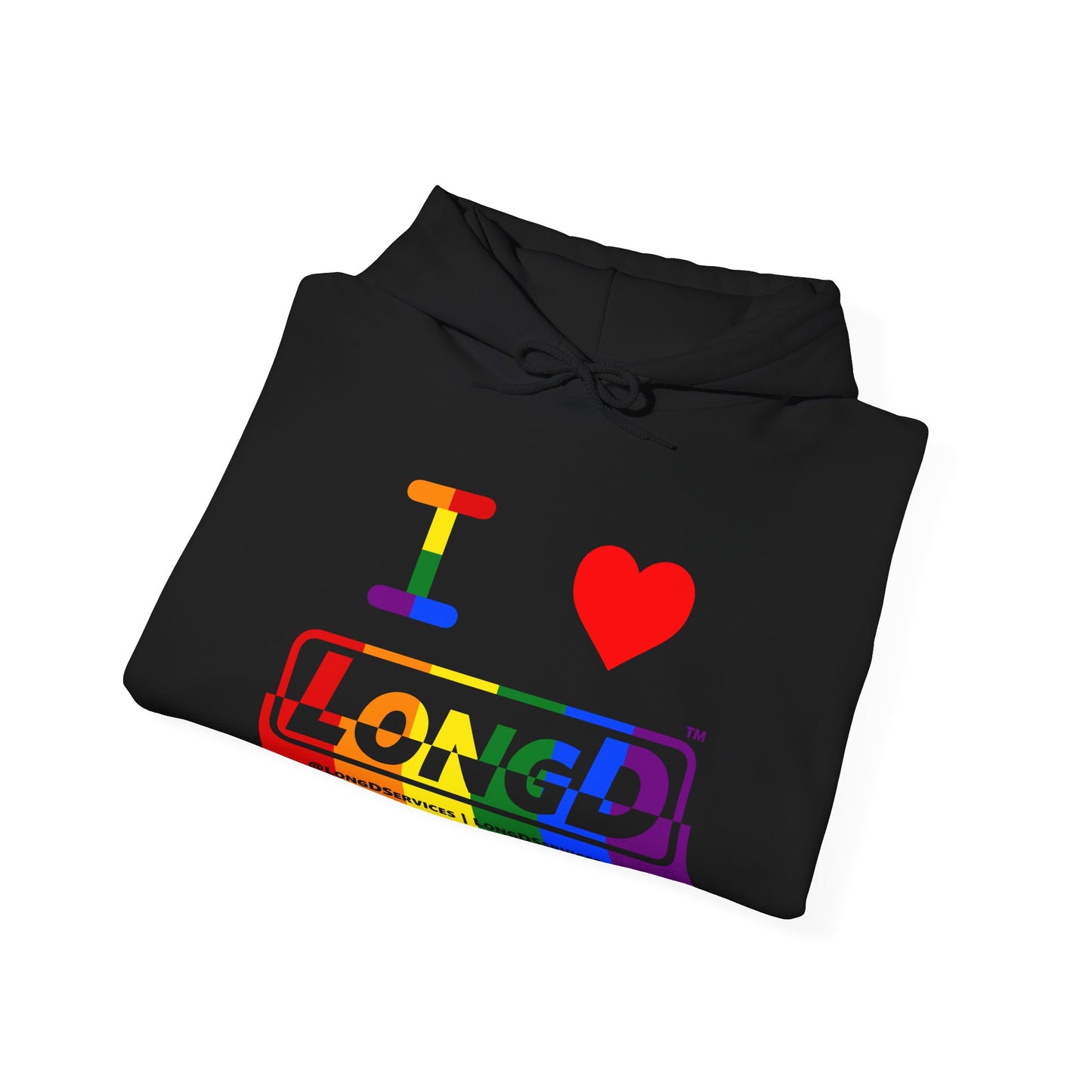 I Luv LongD® Logo Hoodie with Pride rainbow positive top negative bottom text
