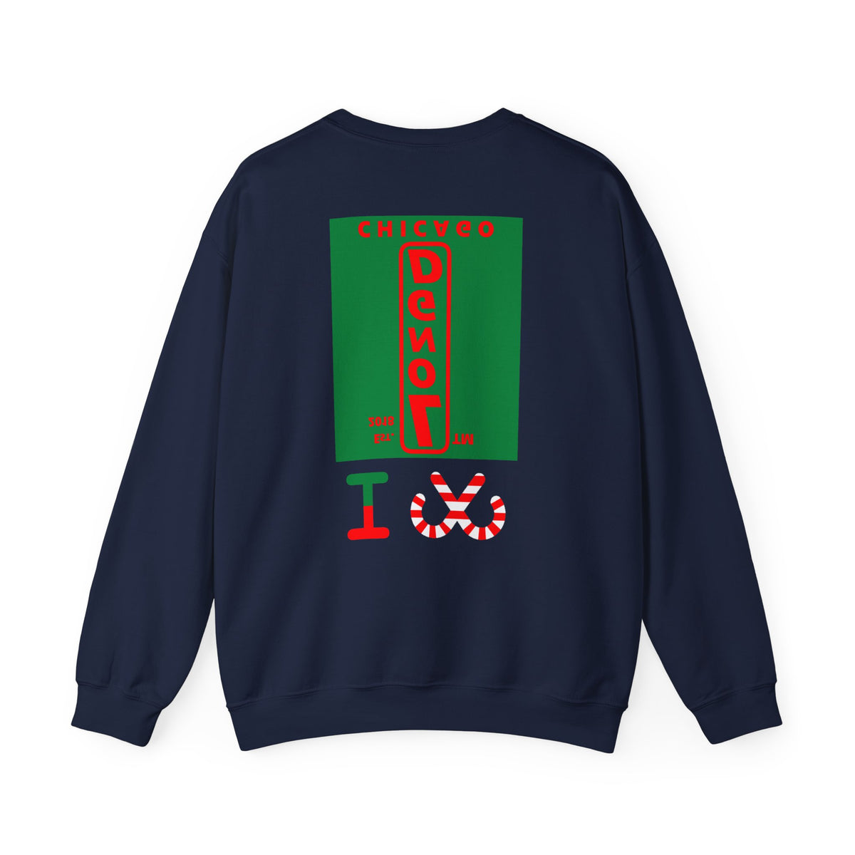 I candy cane LongD Chicago upright front-back logo positive red on negative green crewneck sweatshirt