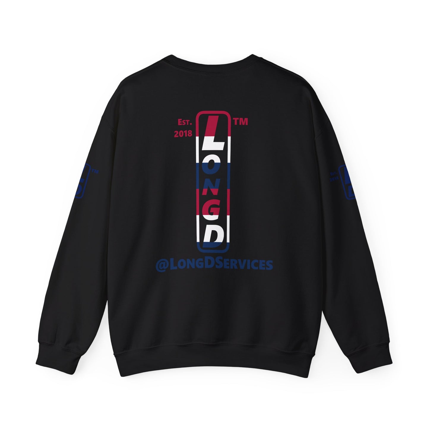 I Burst LongD positive horizontal 6-striped tag upright 4-print logo crewneck sweatshirt