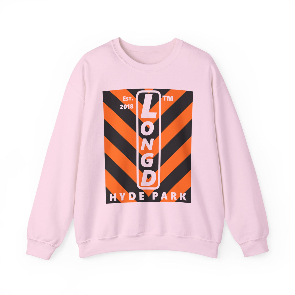 LongD Hyde Park negative upright downward chevron logo (Halloween colors) crewneck sweatshirt
