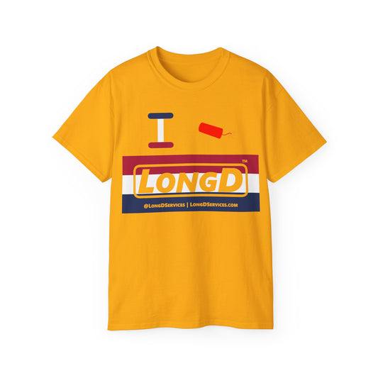 I Firecracker LongD® Logo Cotton Tee Red, White and Blue striped thirds text