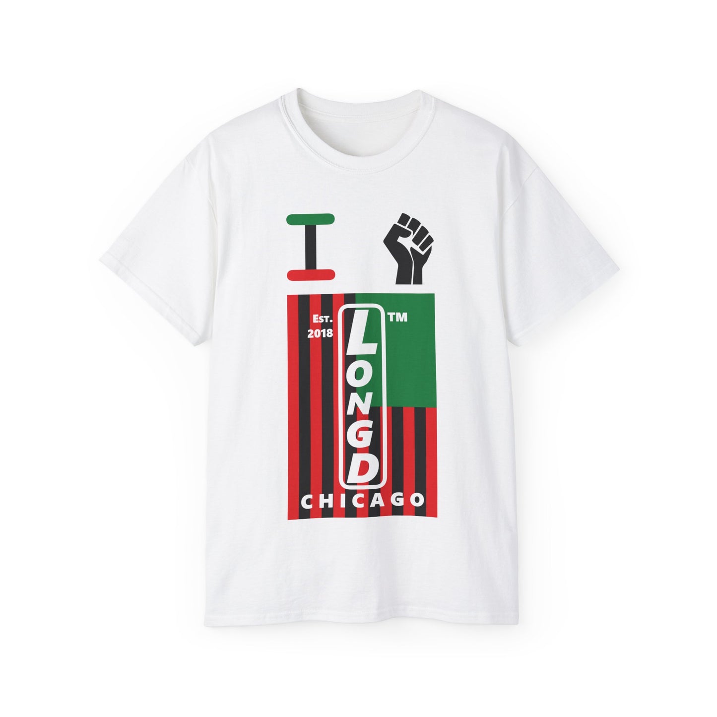 I fist LongD Cotton Tee negative flag Chicago upright logo (Juneteenth colors)