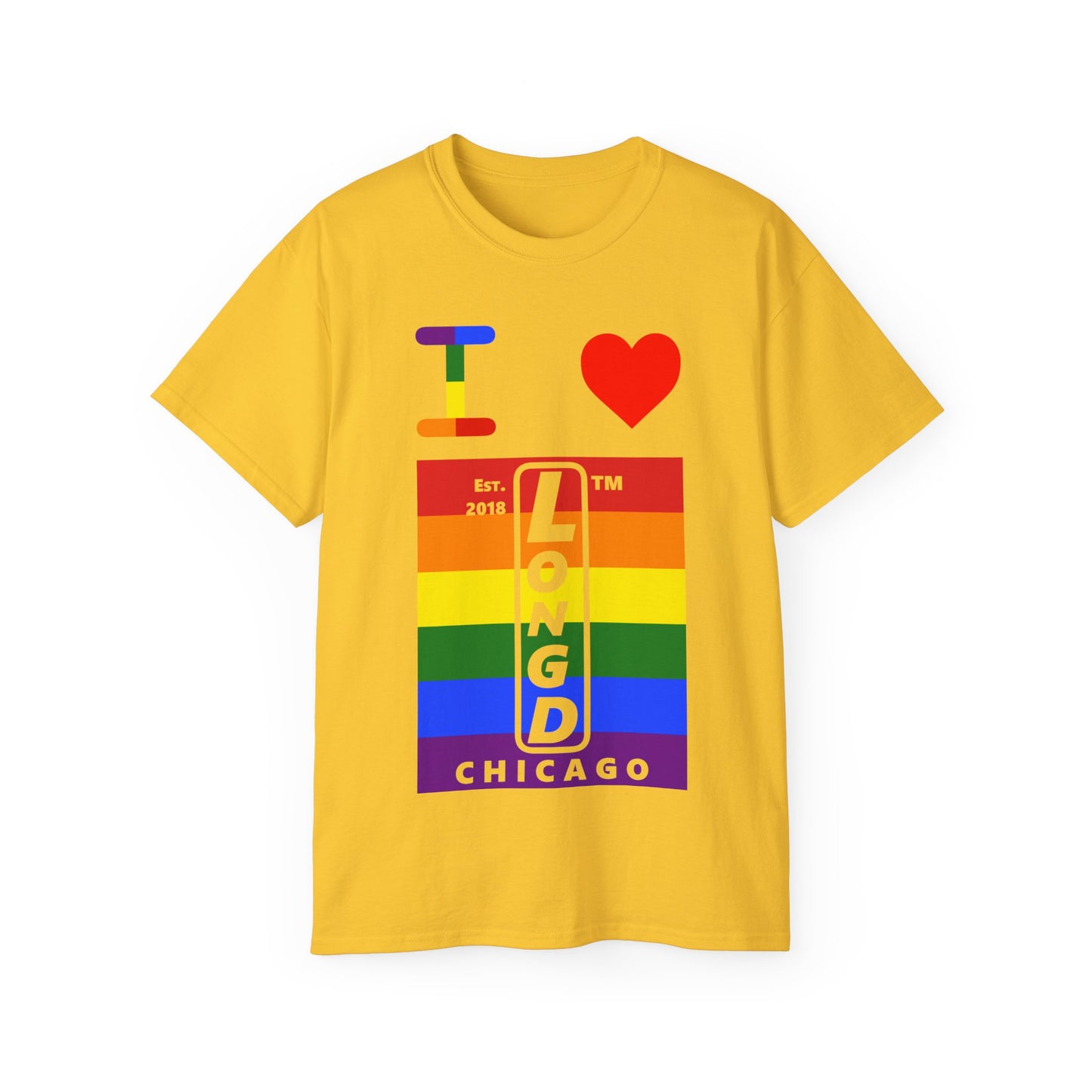 I Luv LongD Cotton Tee negative horizontal striped Chicago upright logo (Pride colors)