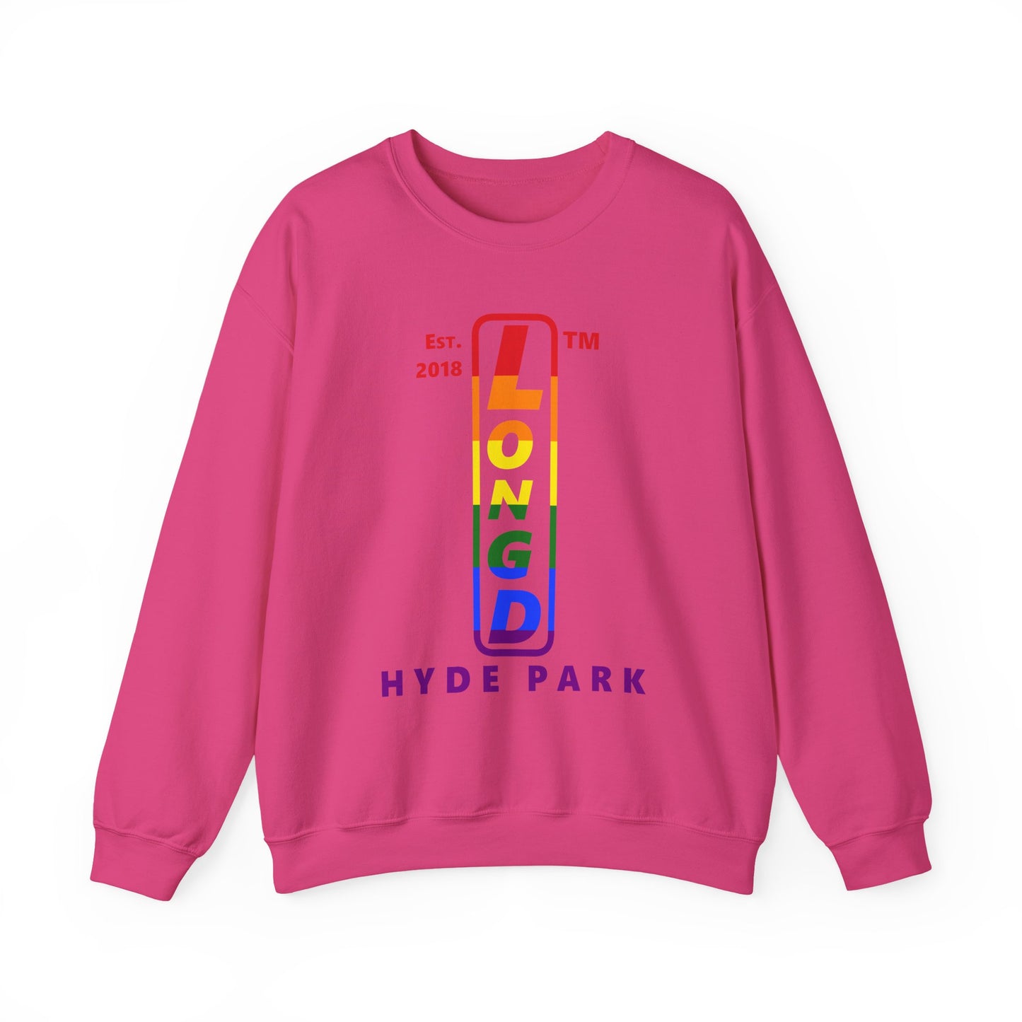 LongD positive horizontal 6-striped Hyde Park upright logo crewneck sweatshirt (Pride colors)