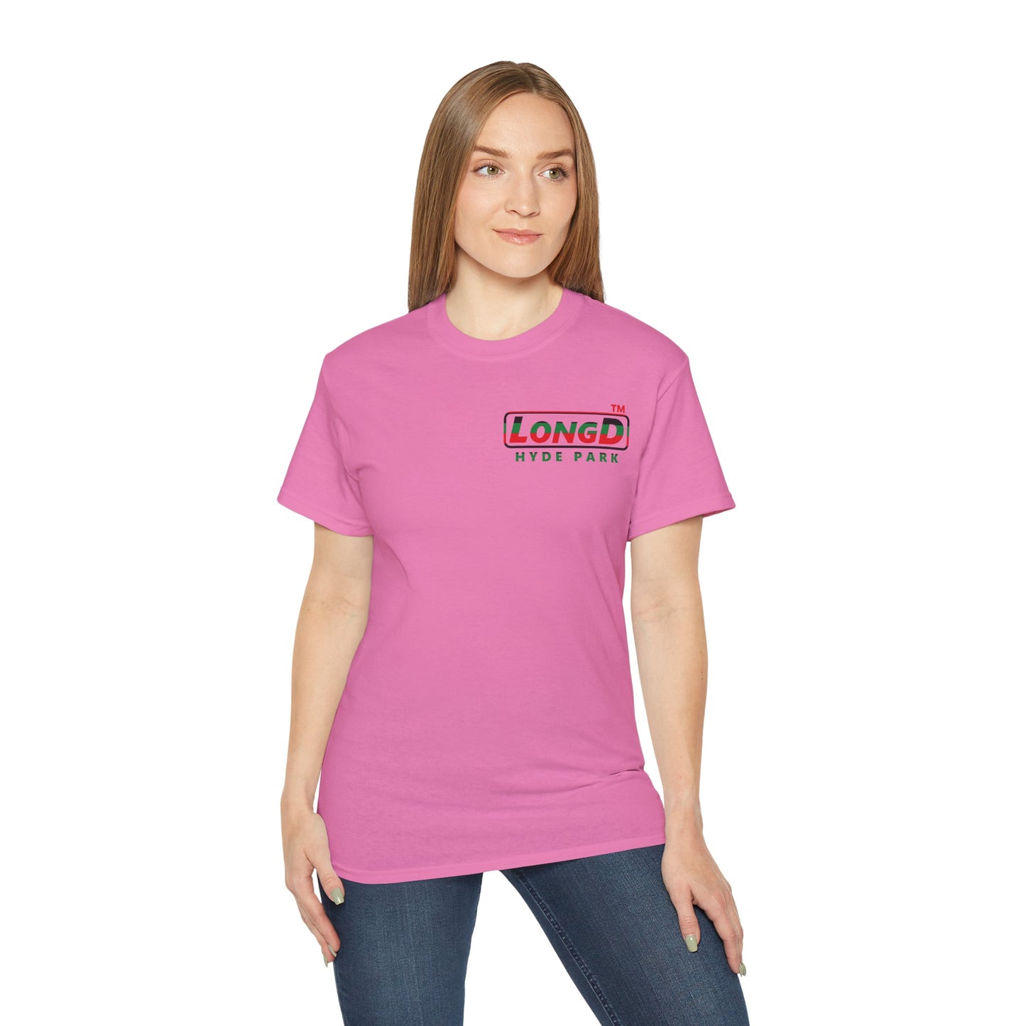 LongD positive horizontal 6-striped Hyde Park logo single-breasted front-back cotton tee (Juneteenth colors)