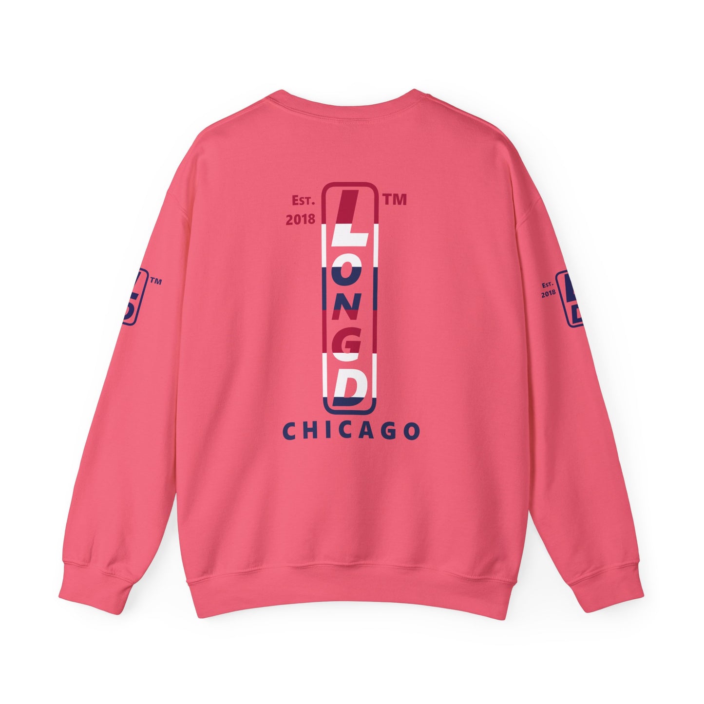 I Burst LongD positive horizontal 6-striped Chicago upright 4-print logo crewneck sweatshirt