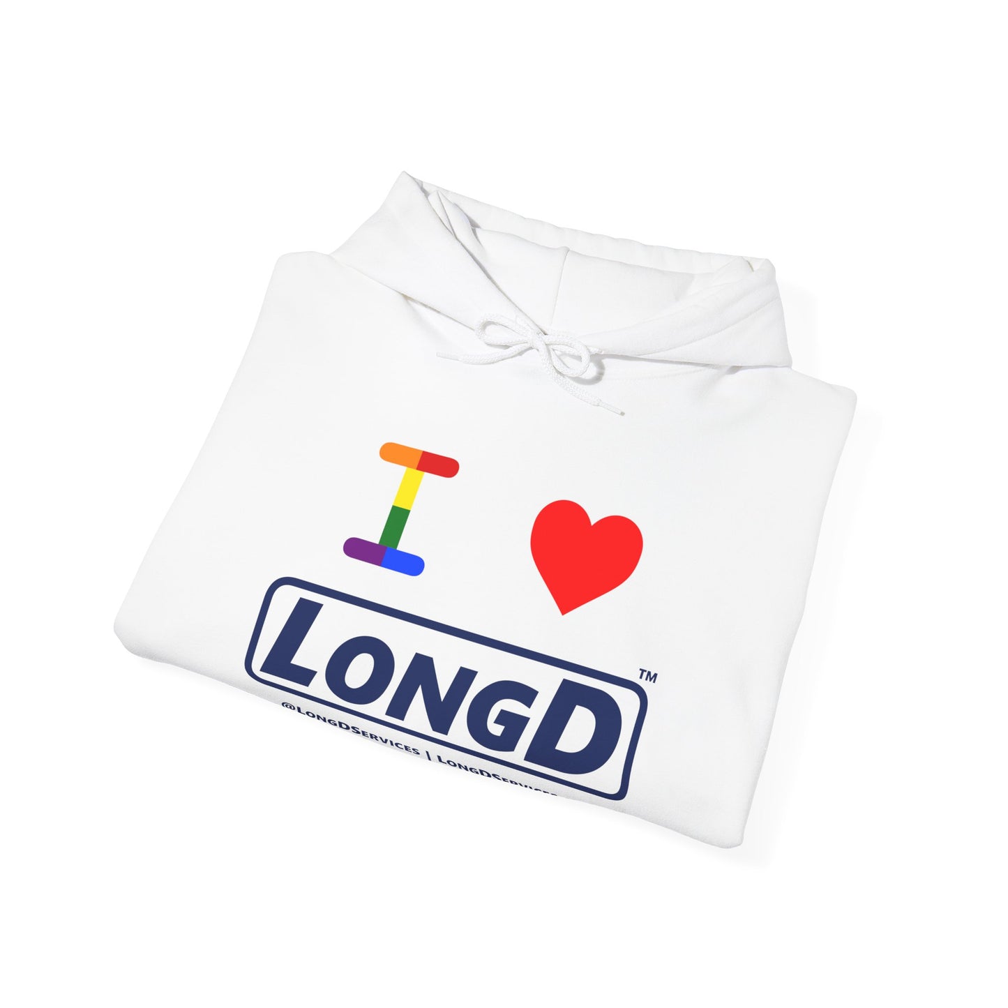 I Luv LongD® Official Logo Hoodie with Pride rainbow "I" and positive logo text