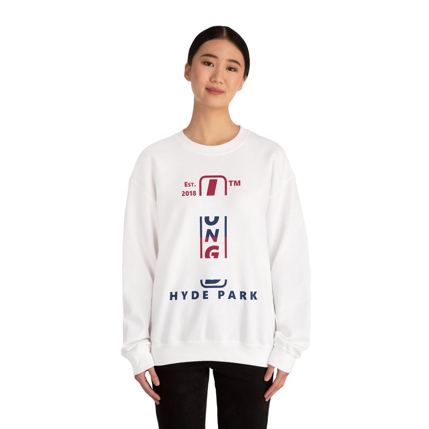 LongD positive horizontal 6-striped Hyde Park upright logo crewneck sweatshirt (patriotic colors)
