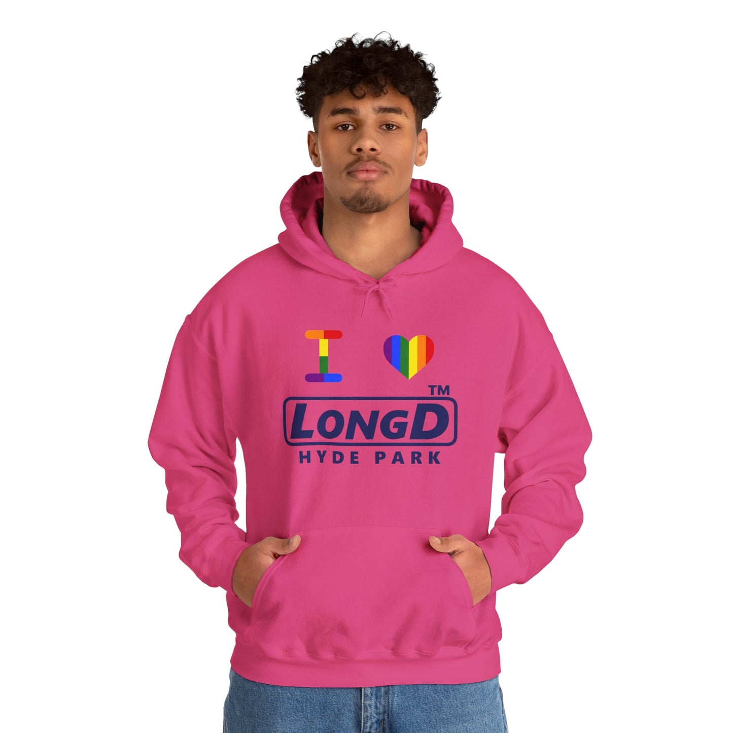 I Luv LongD® official basic front-back Hyde Park logo hoodie (Pride colors)