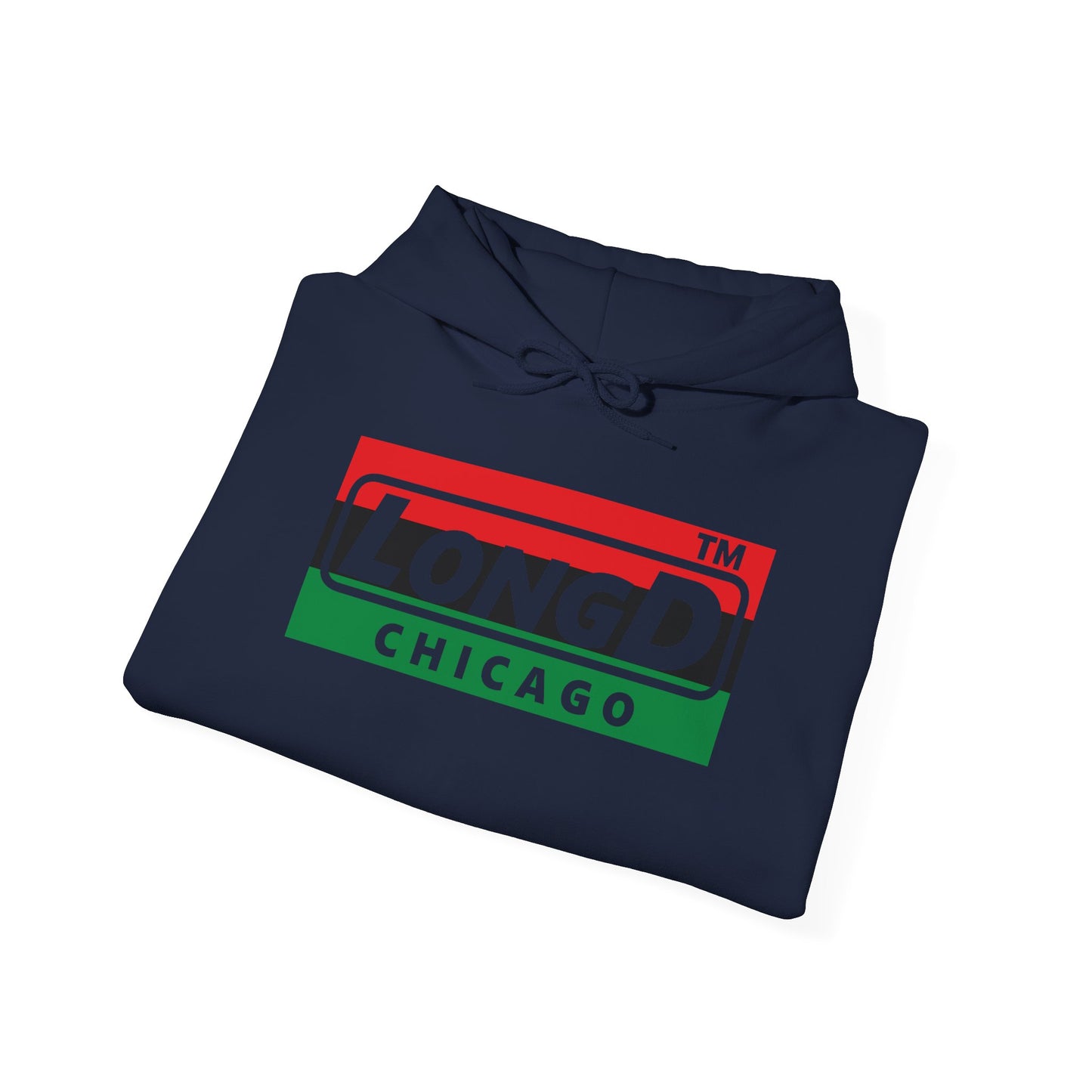 LongD® negative horizontal 3-striped Chicago logo Hoodie (Juneteenth colors)