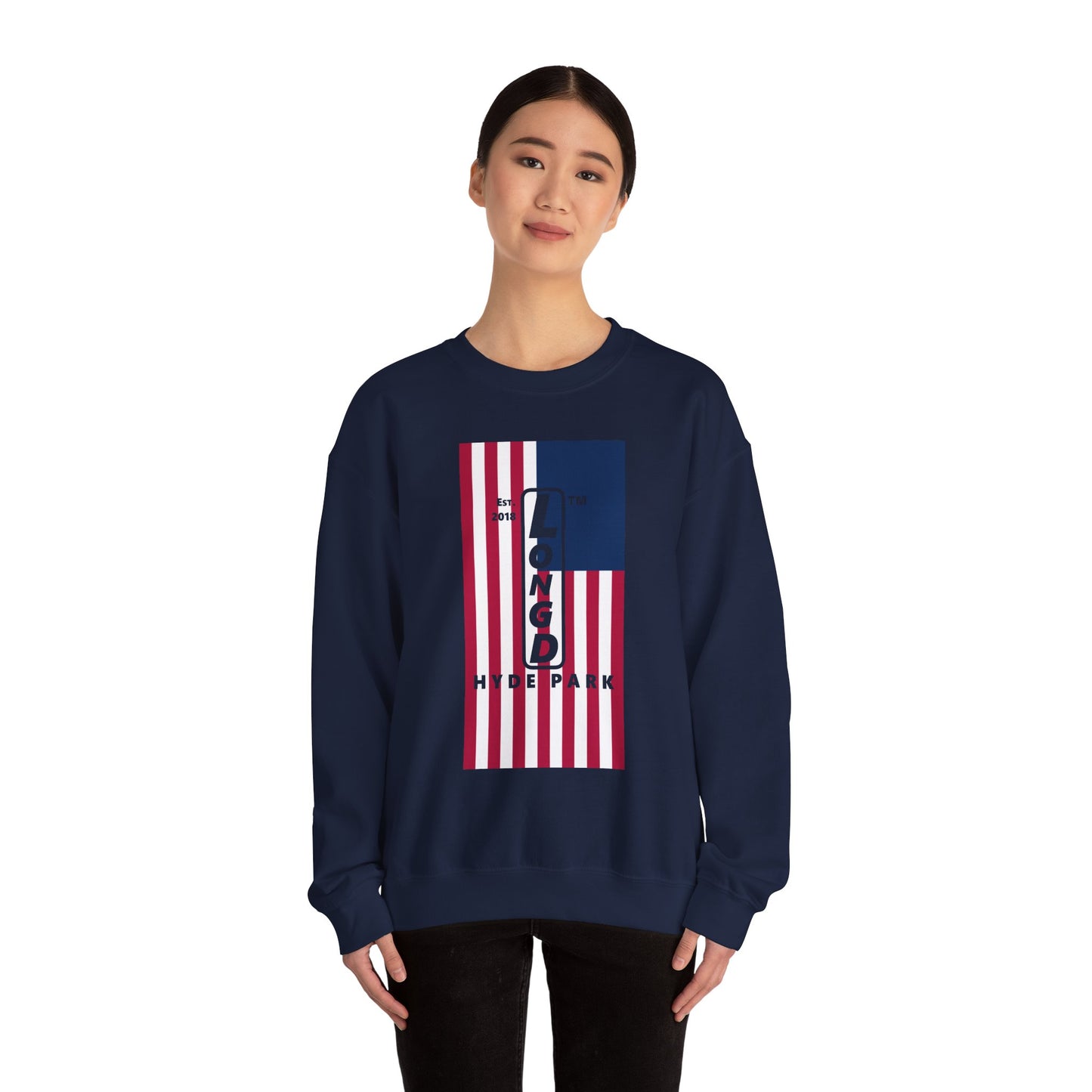 LongD negative flag Hyde Park upright logo crewneck sweatshirt (patriotic colors)