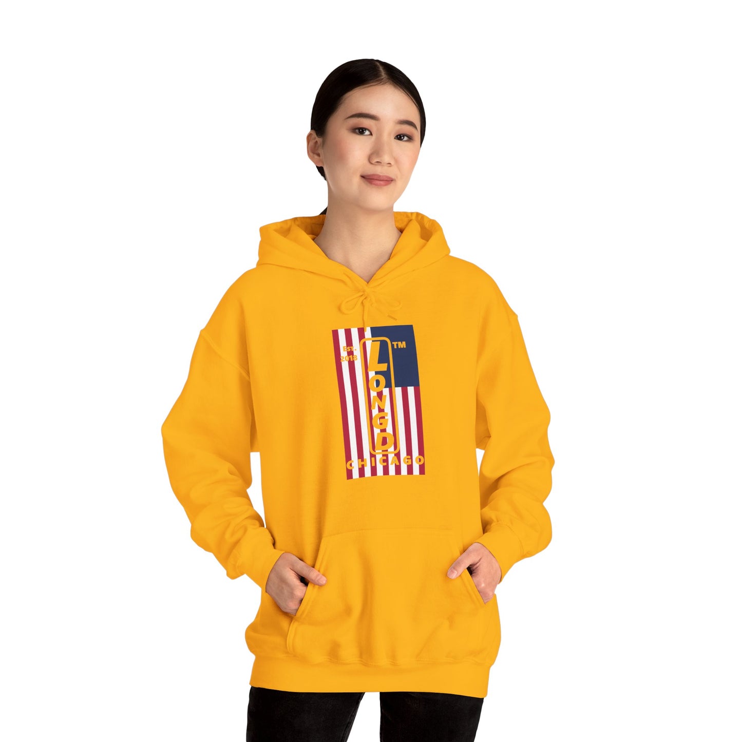 LongD® negative flag upright Chicago logo hoodie