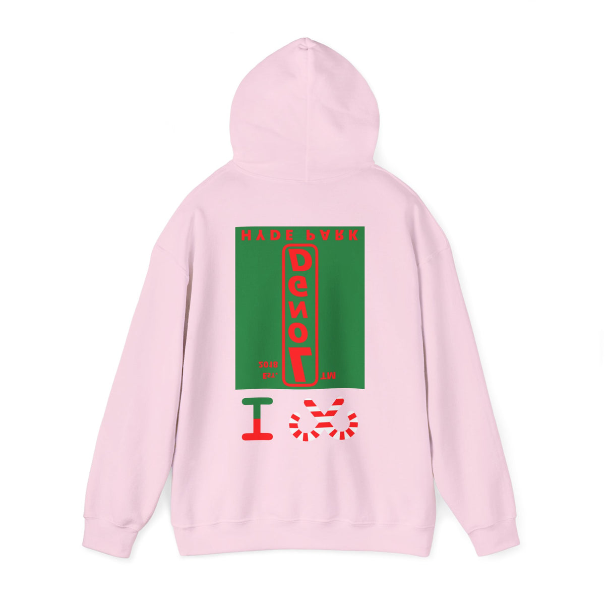I candy cane LongD Hyde Park upright front-back logo positive red on negative green hoodie
