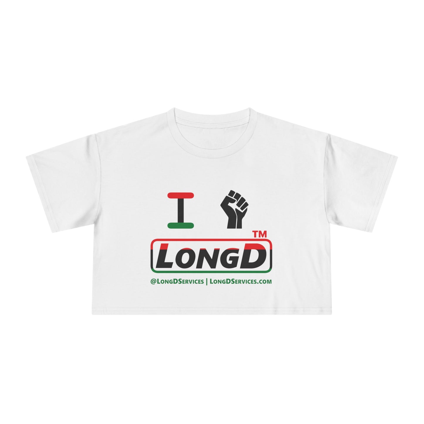 I fist LongD positive horizontal 3-striped tag-domain logo crop tee