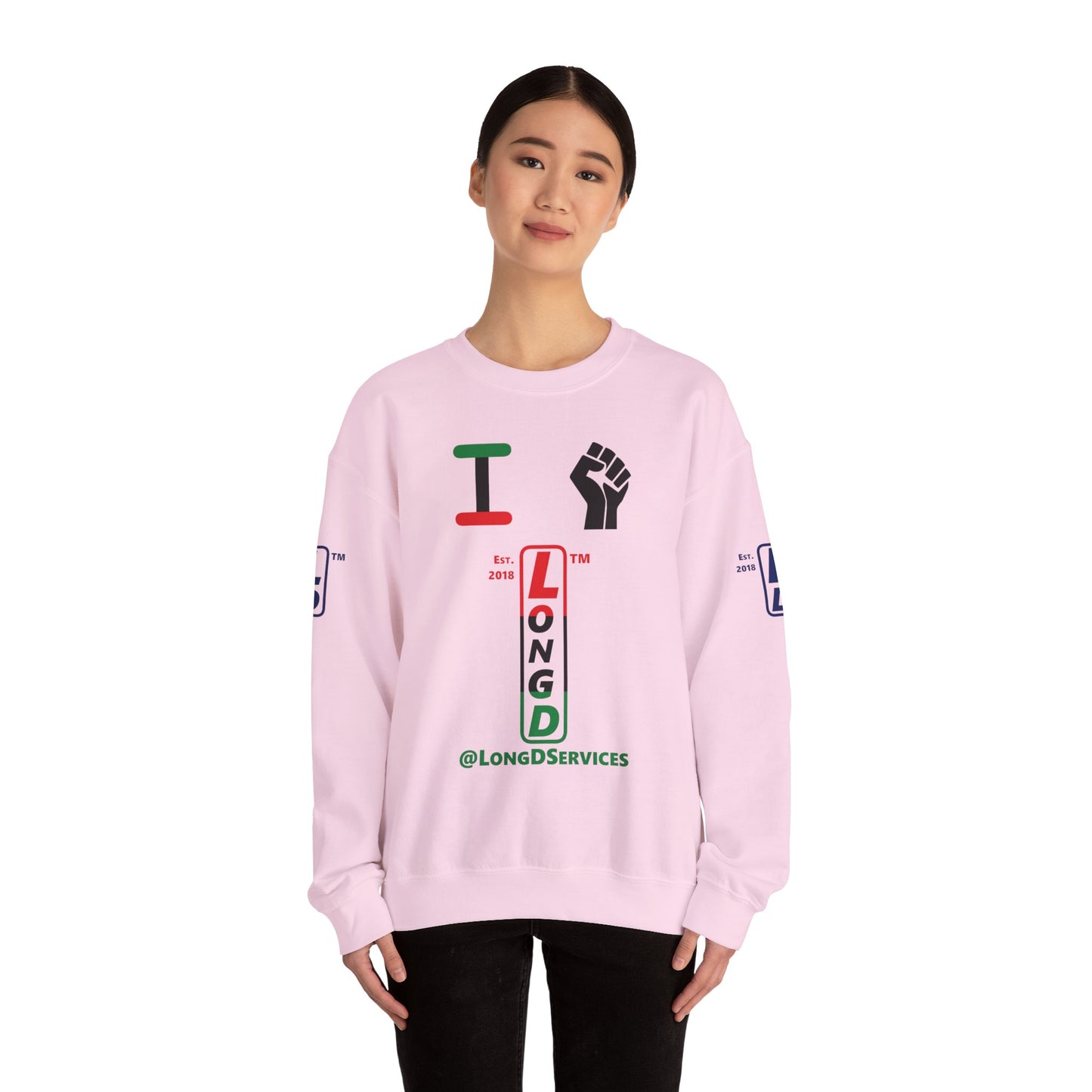 I Fist LongD positive horizontal 3-striped tag upright 4-print logo crewneck sweatshirt