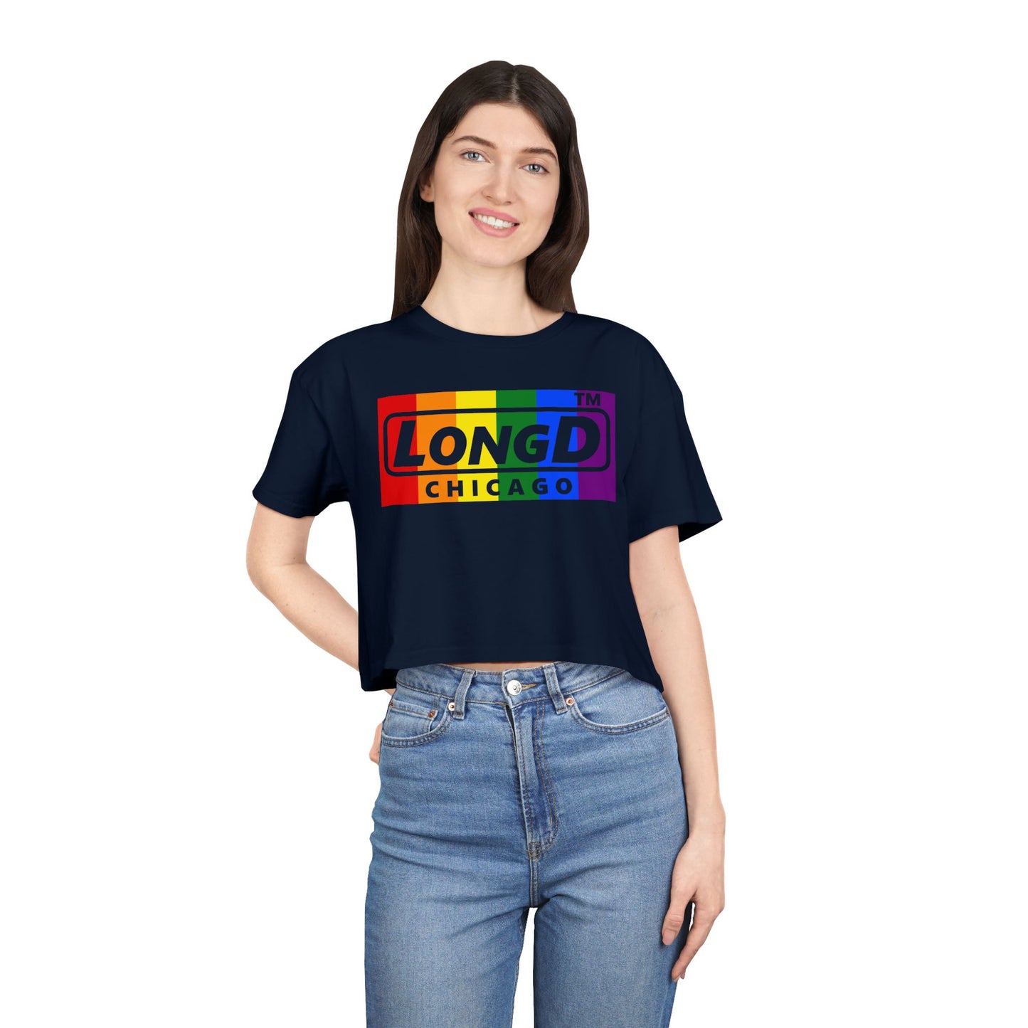LongD negative vertical 6-striped Chicago logo crop tee (Pride colors)