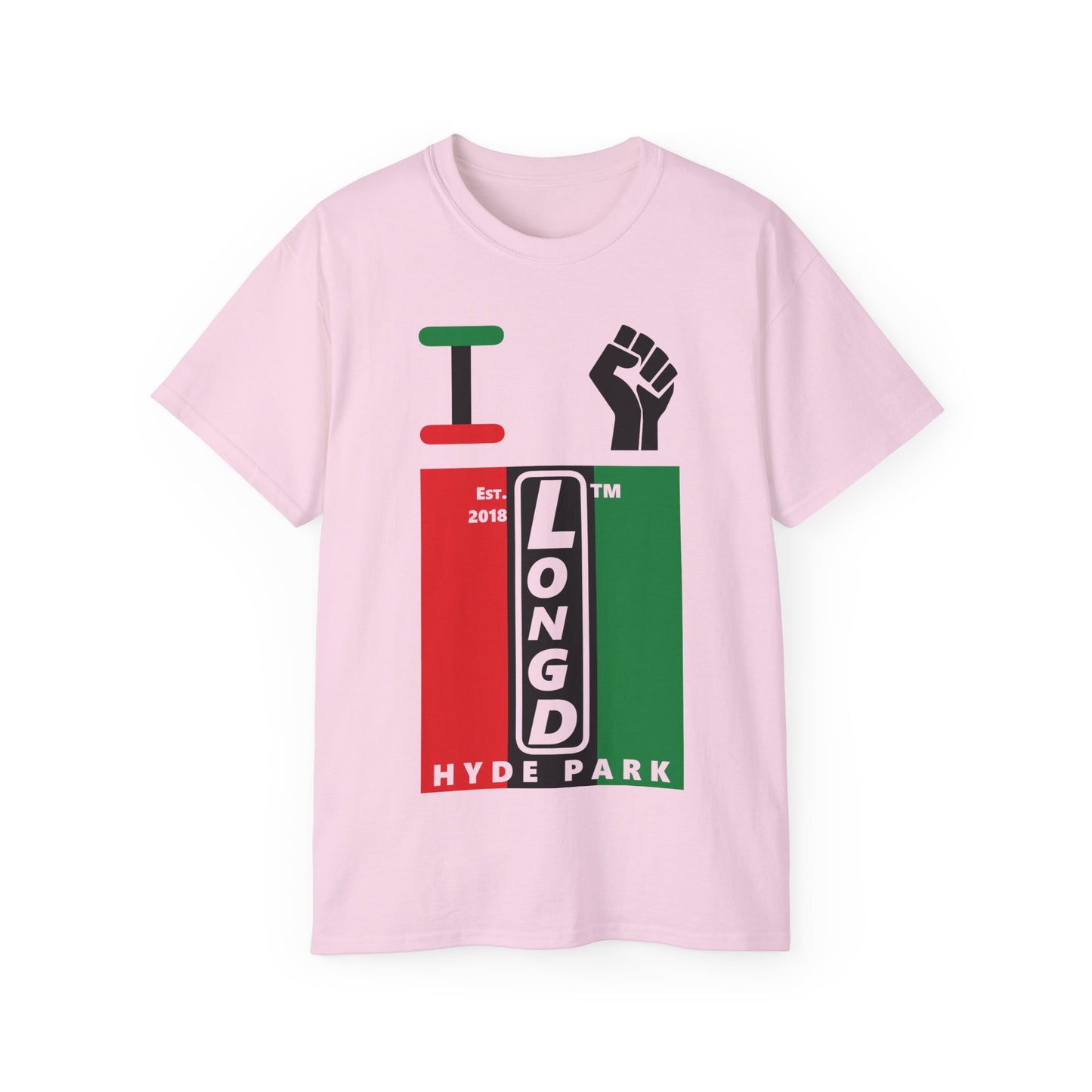 I fist LongD Cotton Tee negative vertical striped Hyde Park upright logo (Juneteenth colors)
