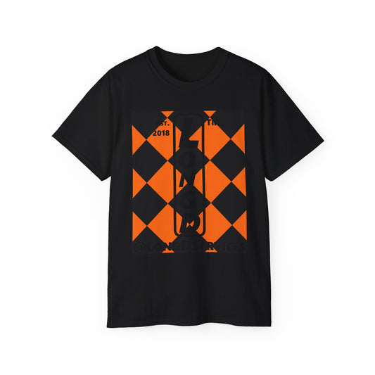 LongD Tag negative upright argyle logo (Halloween colors) cotton tee