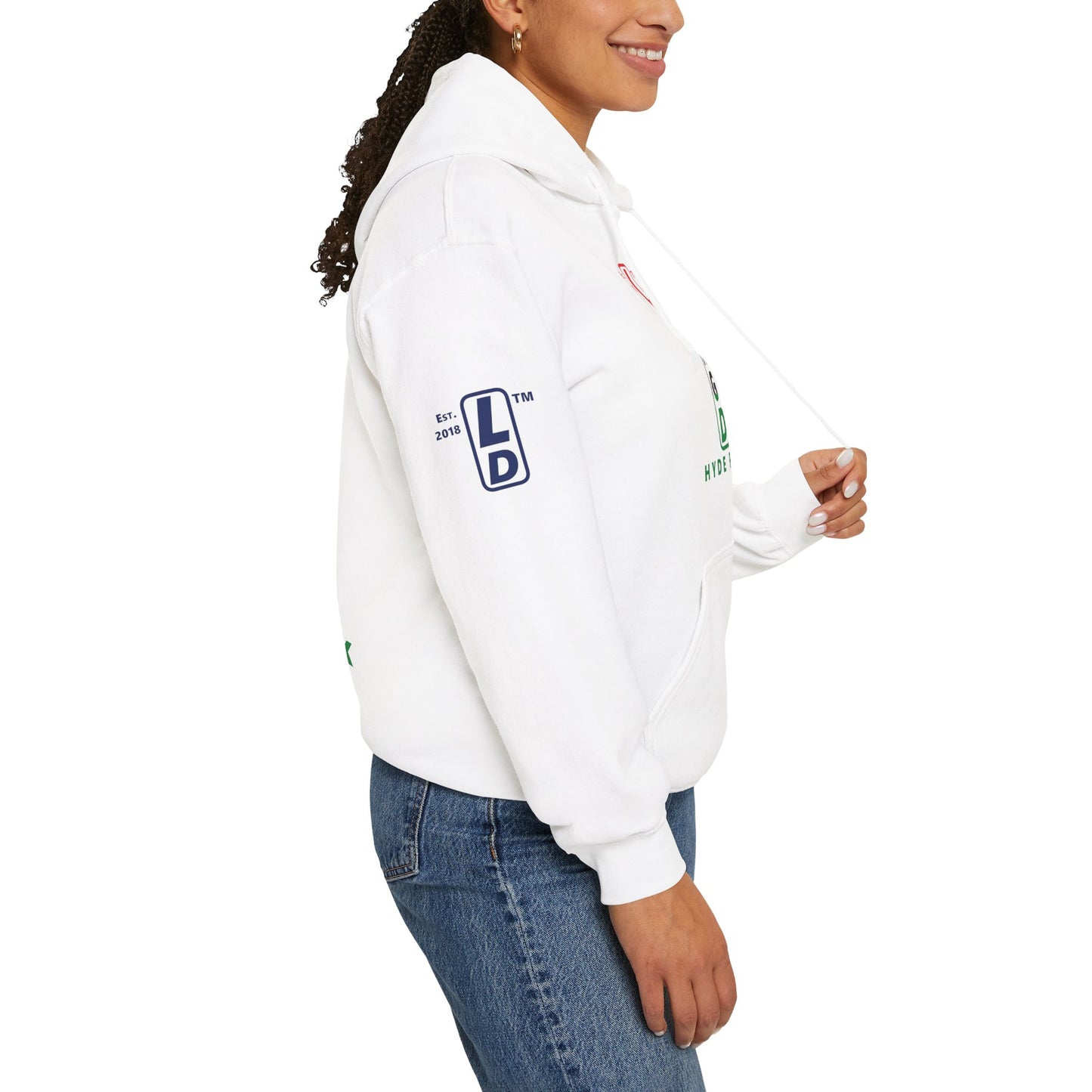 LongD® positive horizontal 3-striped Hyde Park 4-print upright logo hoodie (Juneteenth colors)