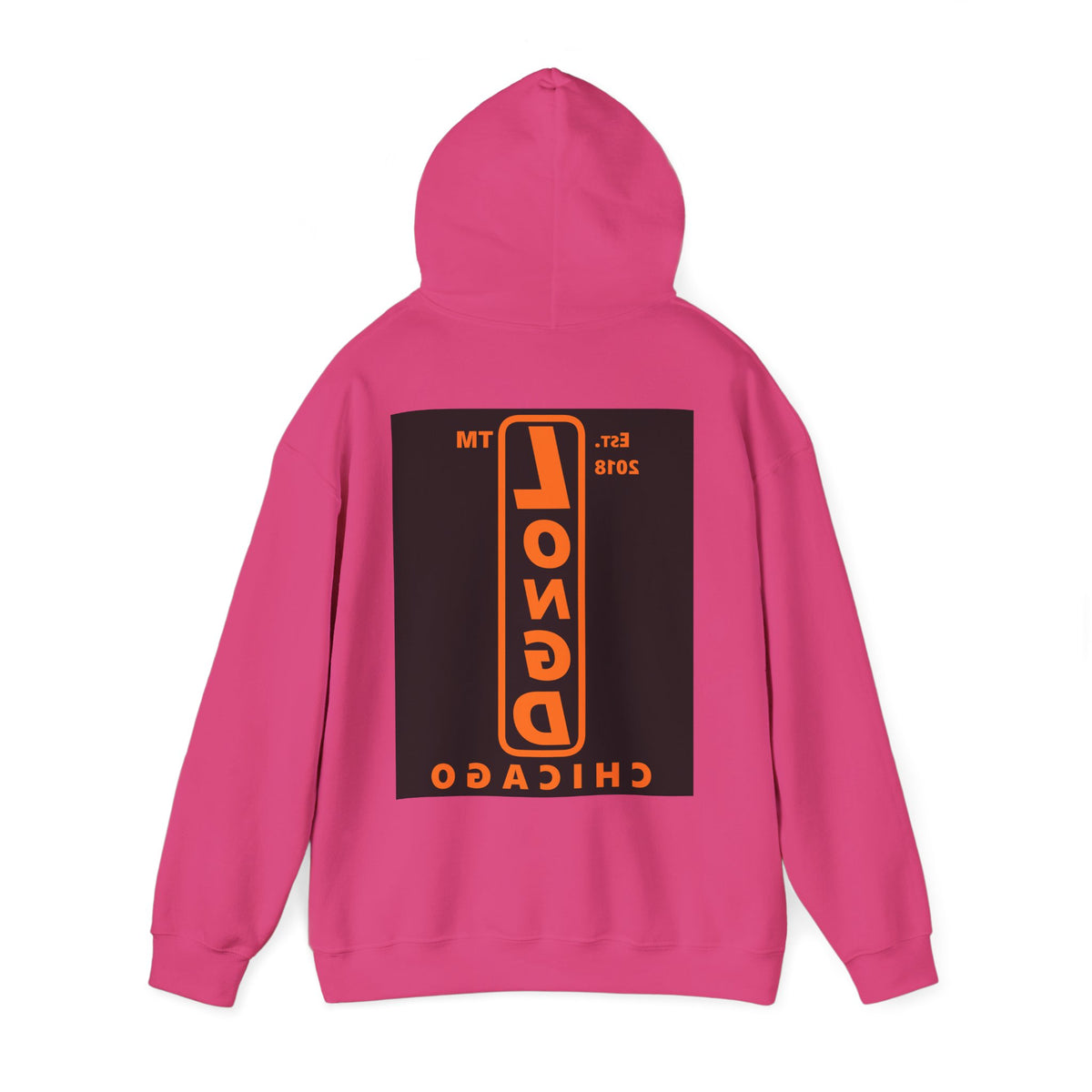 LongD Chicago upright front-back logo orange (FE7518) on Black (000000) hoodie