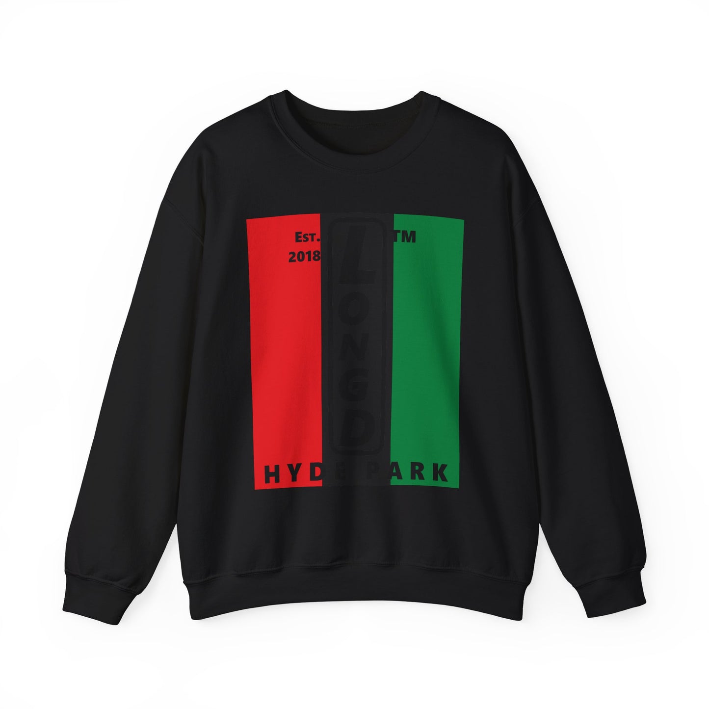 LongD negative vertical 3-striped Hyde Park upright logo crewneck sweatshirt (Juneteenth colors)