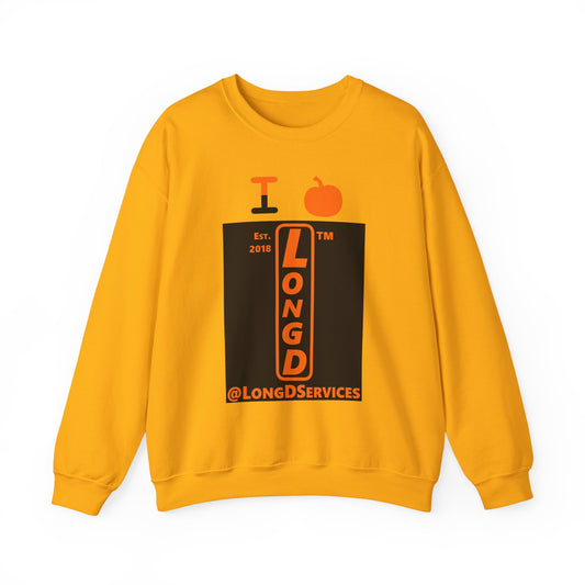I pumpkin LongD Tag upright logo positive orange on negative black crewneck sweatshirt