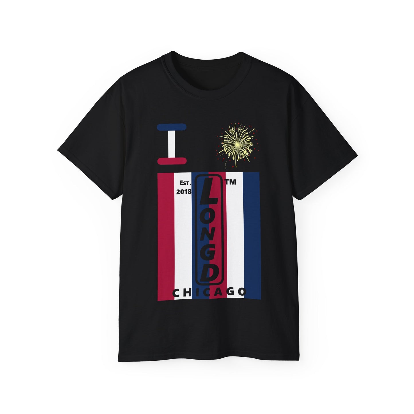 I Burst LongD cotton tee negative vertical 6-striped Chicago upright logo (Patriotic colors)