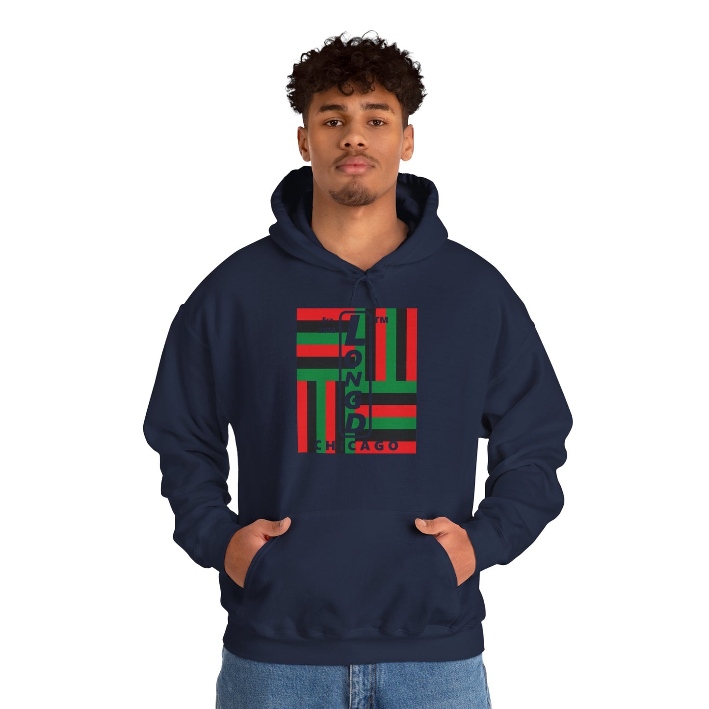 LongD® negative windmill upright Chicago logo hoodie (Juneteenth colors)