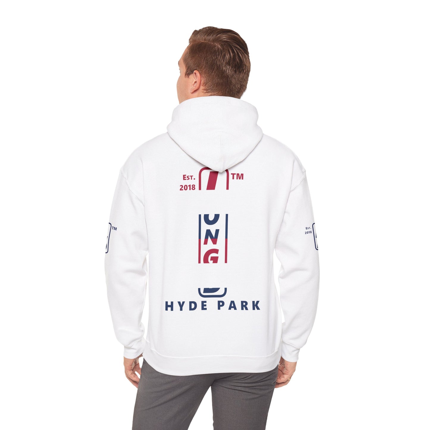 LongD® positive horizontal 6-striped Hyde Park 4-print upright logo hoodie (patriotic colors)
