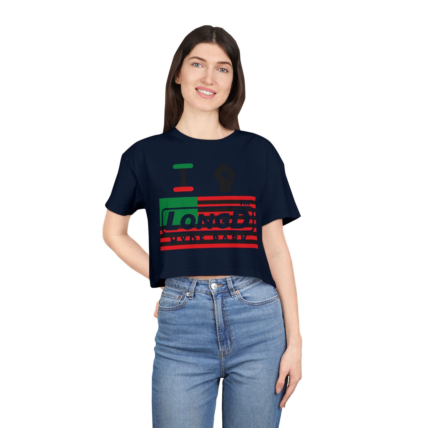 I fist LongD negative flag Hyde Park logo crop tee