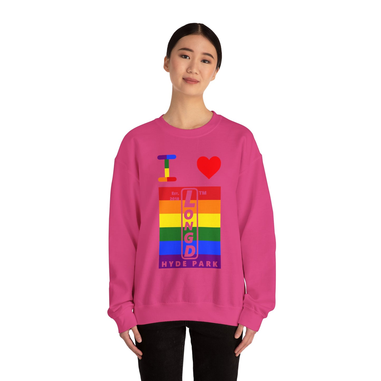 I Luv LongD negative horizontal 6-striped Hyde Park upright logo crewneck sweatshirt