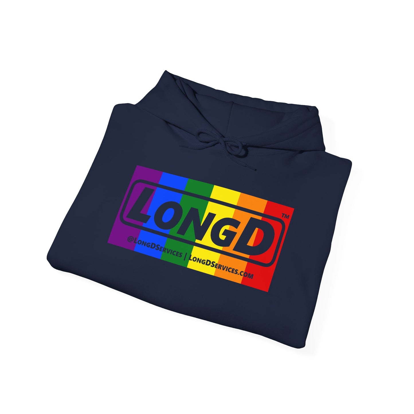 LongD® Logo Hoodie with Pride rainbow negative text