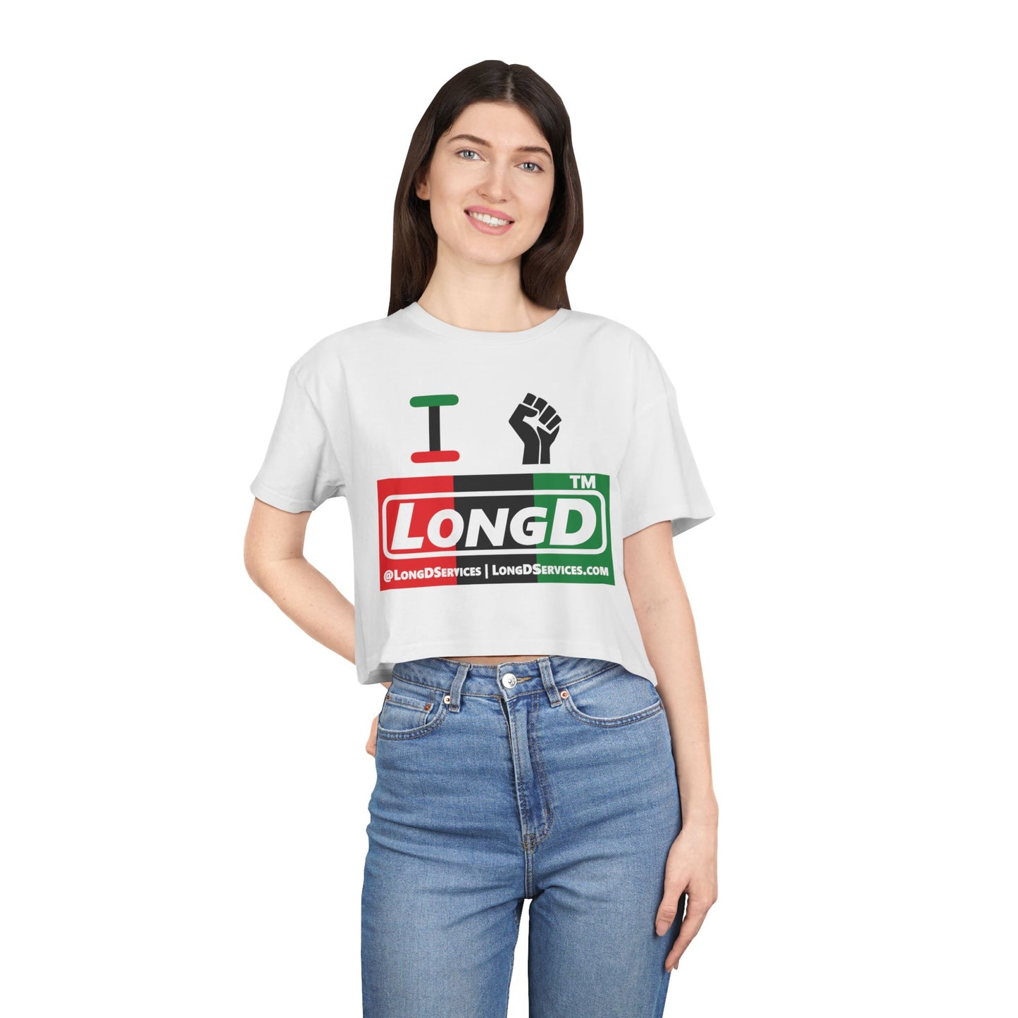 I fist LongD negative vertical 3-striped tag-domain logo crop tee