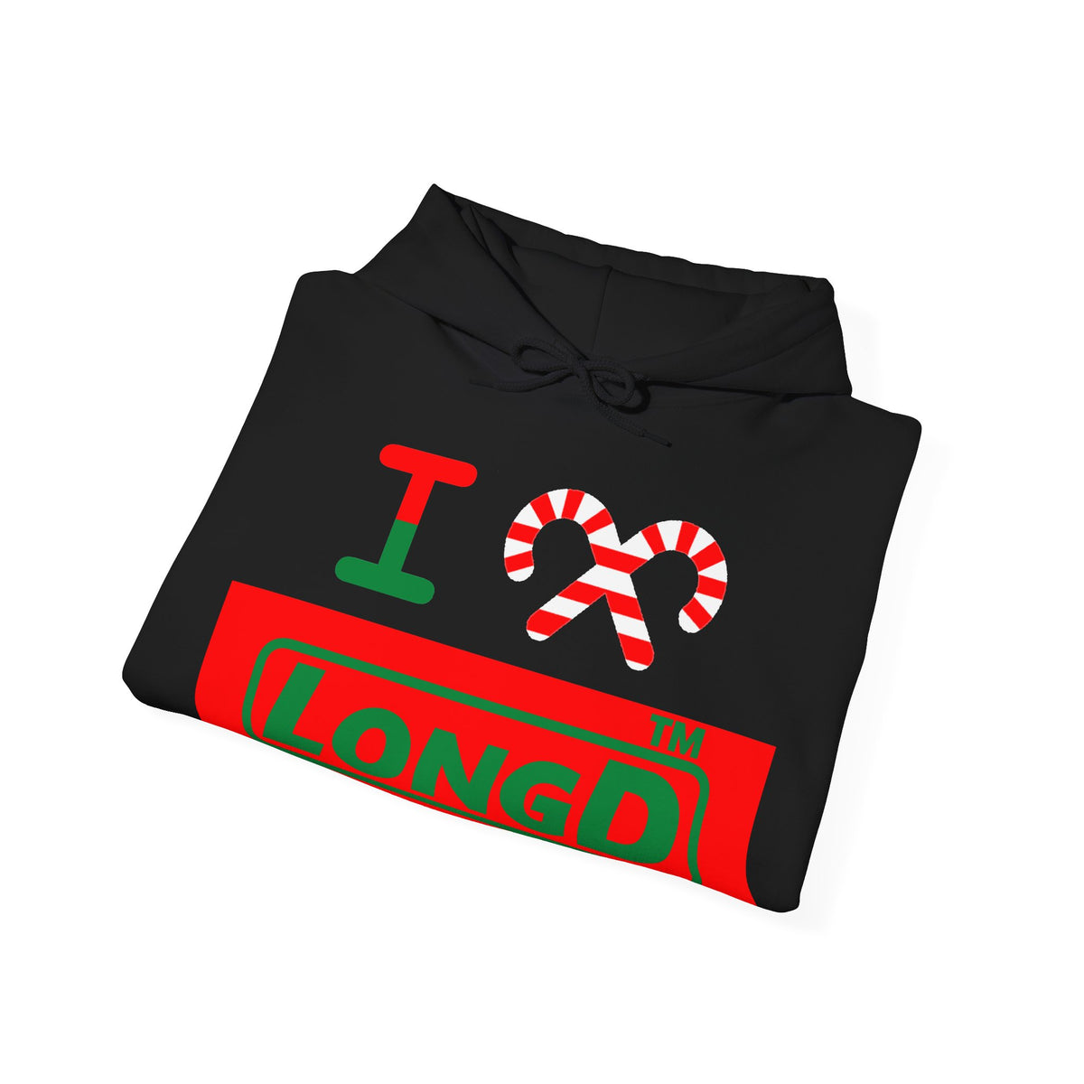 I candy cane LongD Tag logo positive green on negative red hoodie