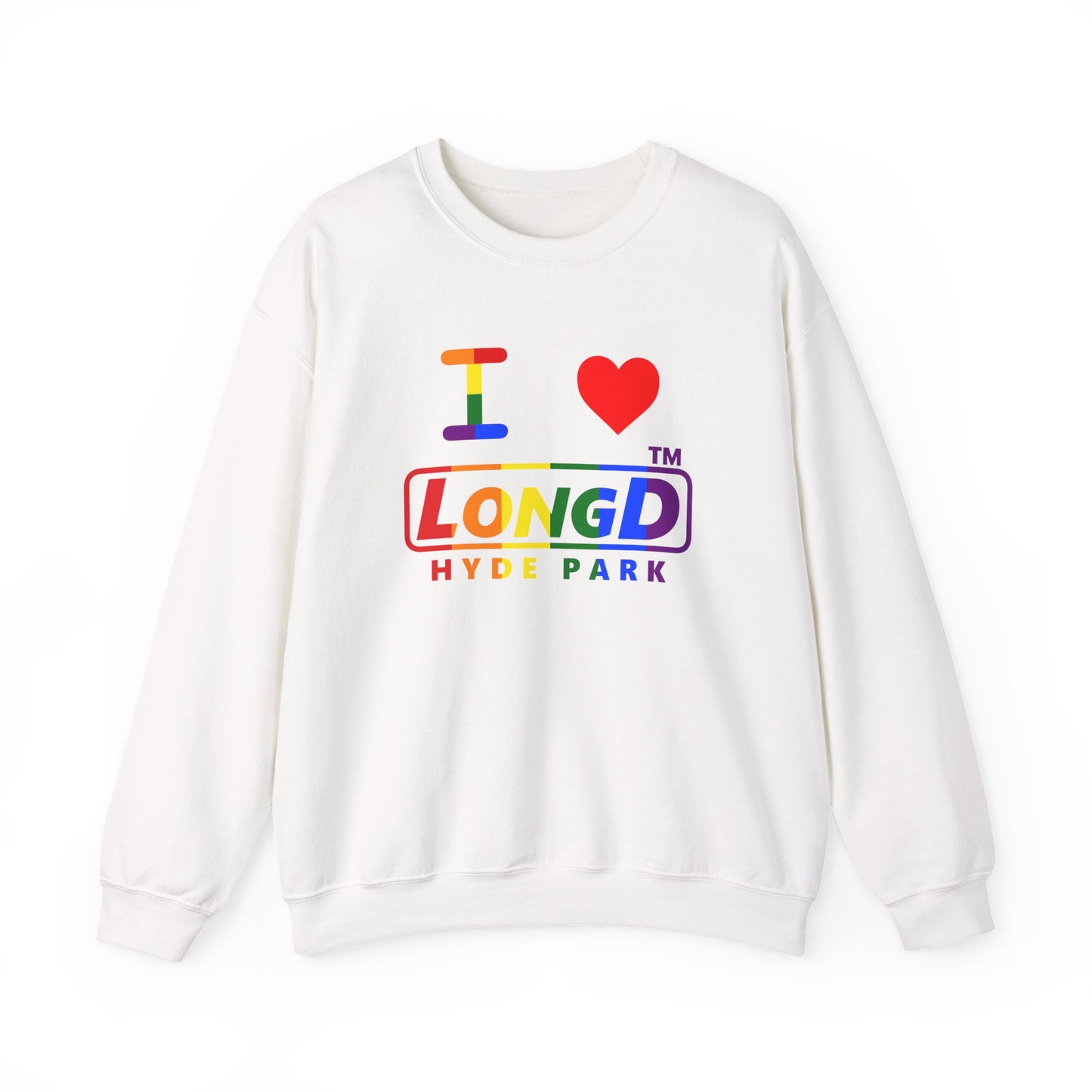 I Luv LongD positive vertical striped Hyde Park logo crewneck sweatshirt (Pride colors)