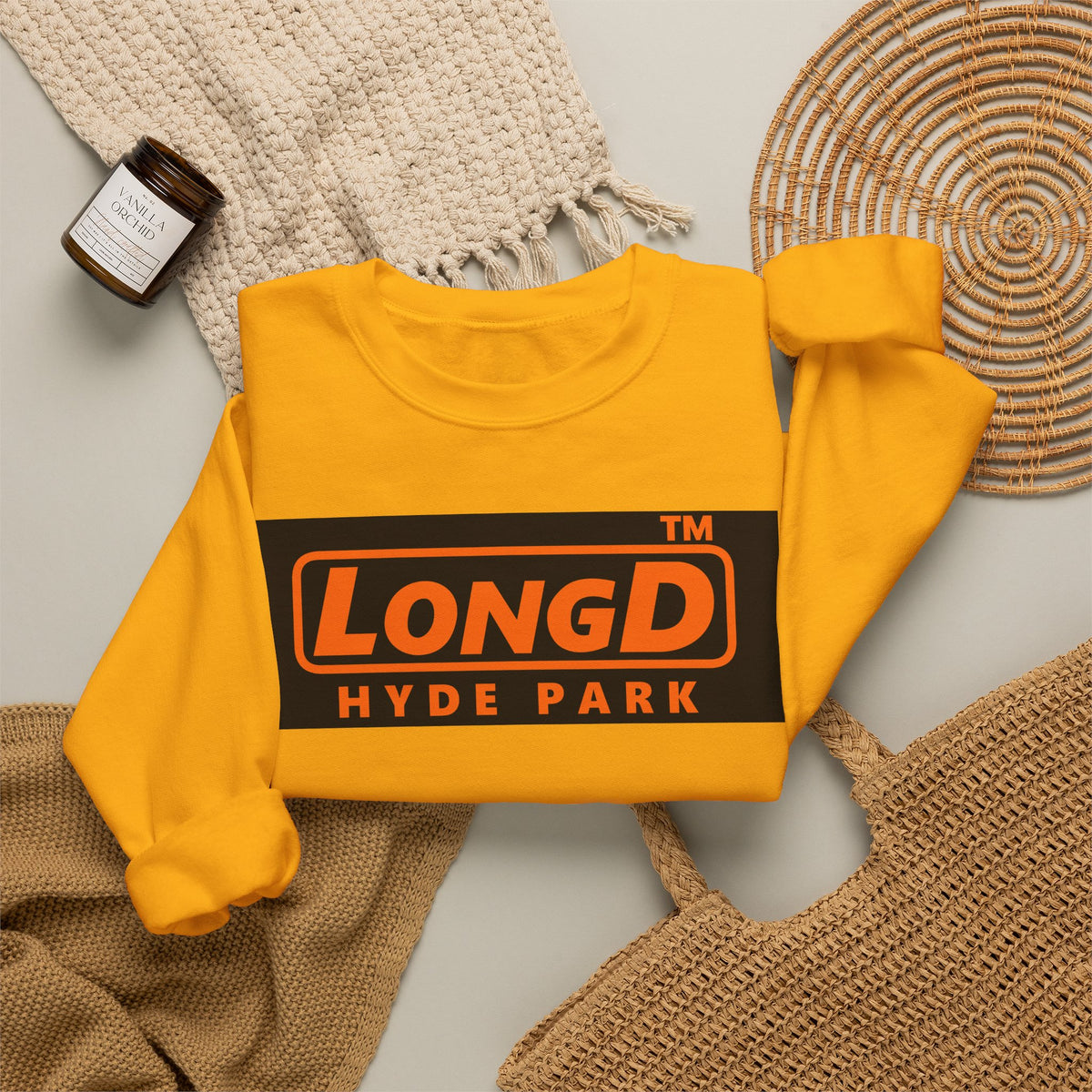 LongD Hyde Park logo orange (FE7518) on Black (000000) (Halloween colors) crewneck sweatshirt