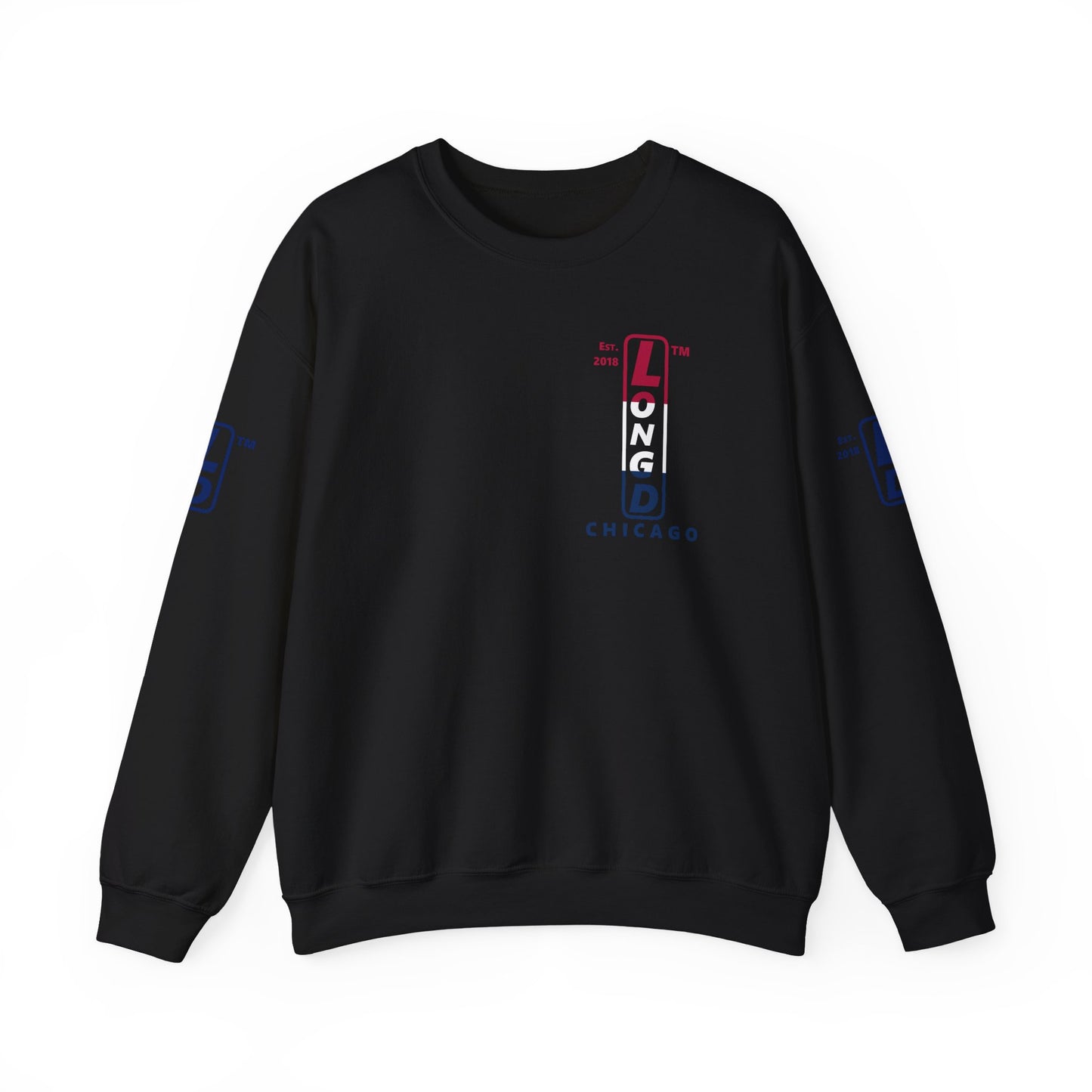 LongD positive horizontal 3-striped Chicago upright 4-print single-breasted logo crewneck sweatshirt (patriotic colors)