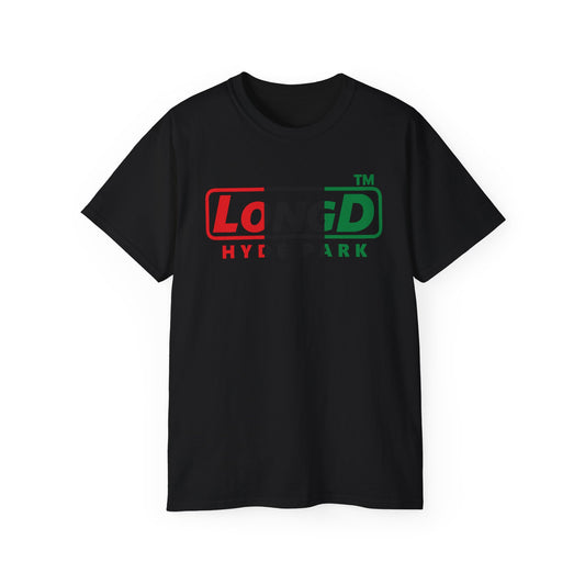 LongD positive vertical 3-striped Hyde Park logo cotton tee (Juneteenth colors)