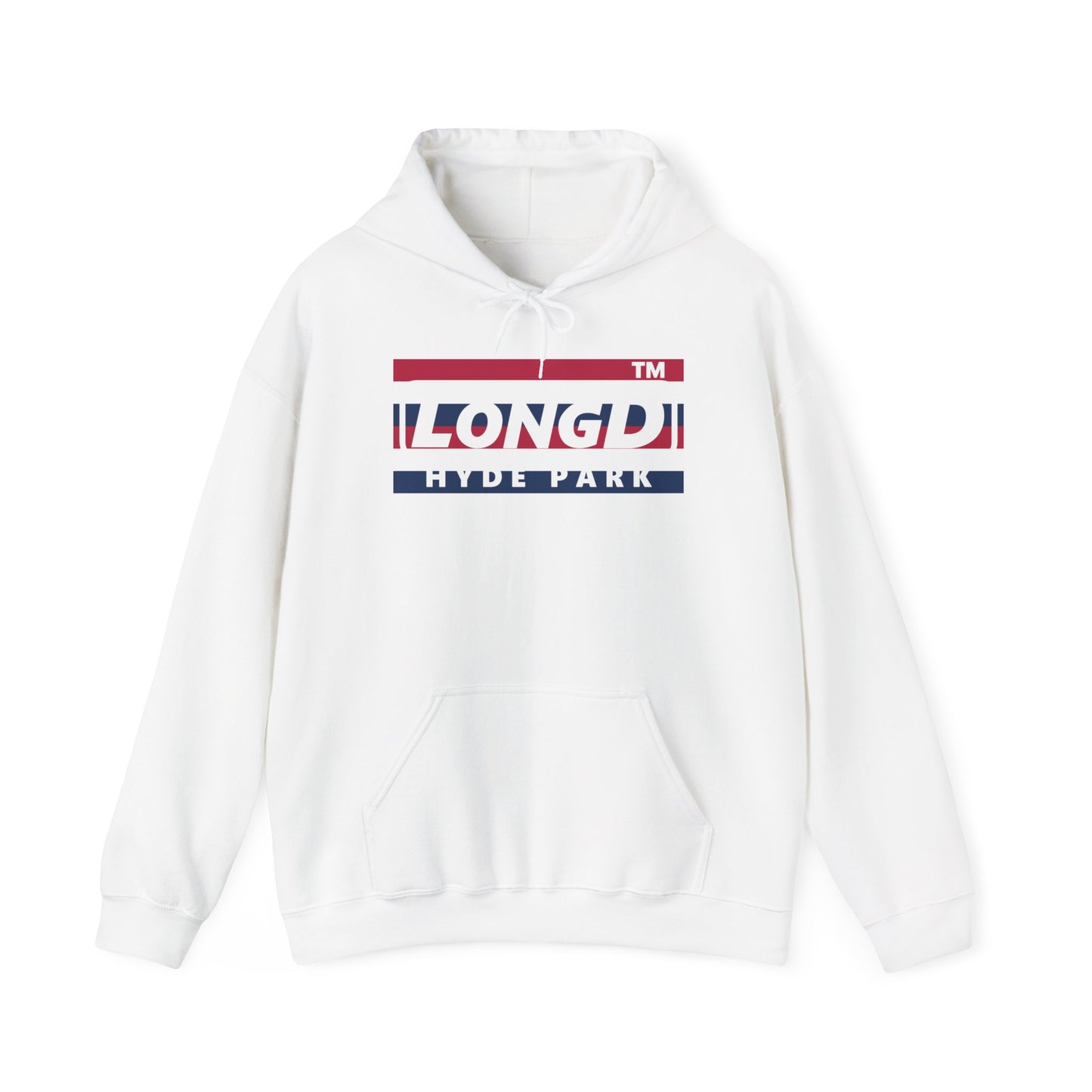 LongD® negative horizontal 6-striped Hyde Park logo hoodie (patriotic colors)