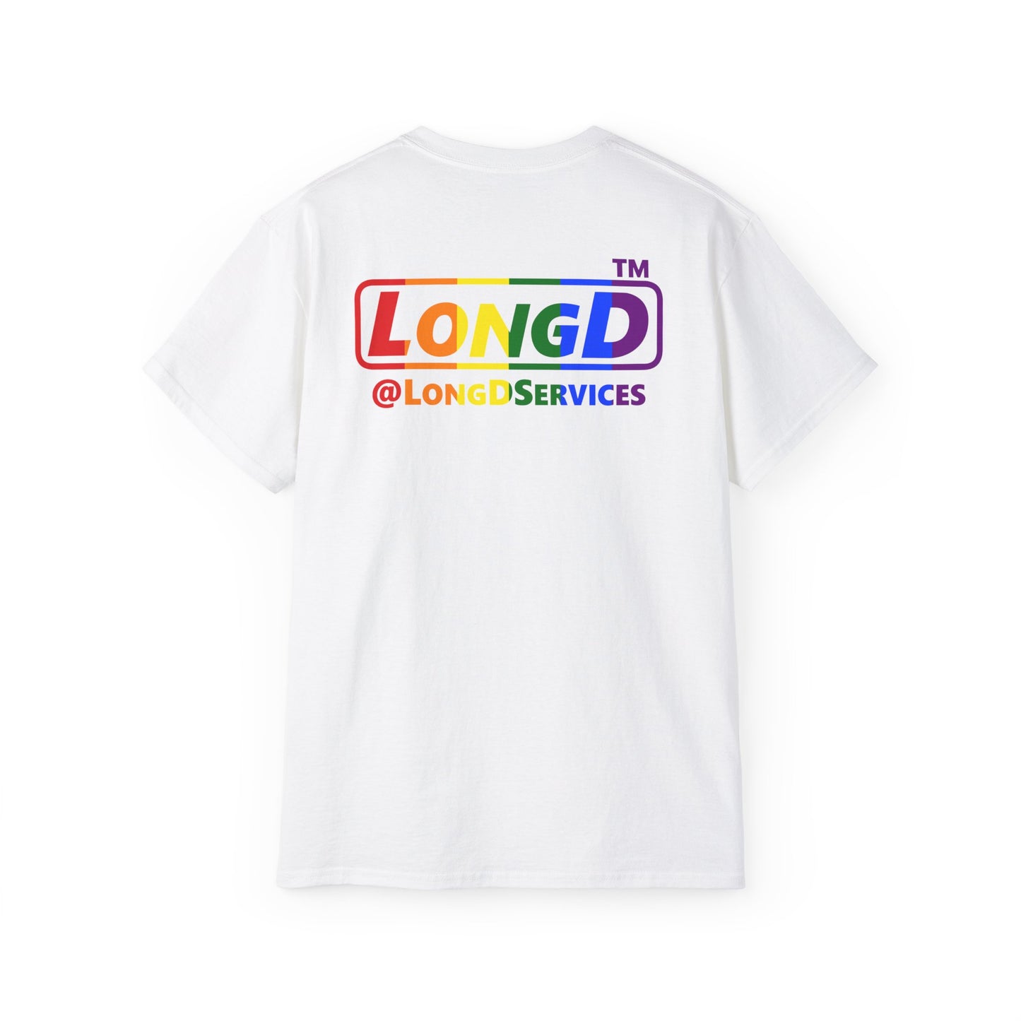 LongD positive vertical striped front-back Chicago logo cotton tee (Pride colors)