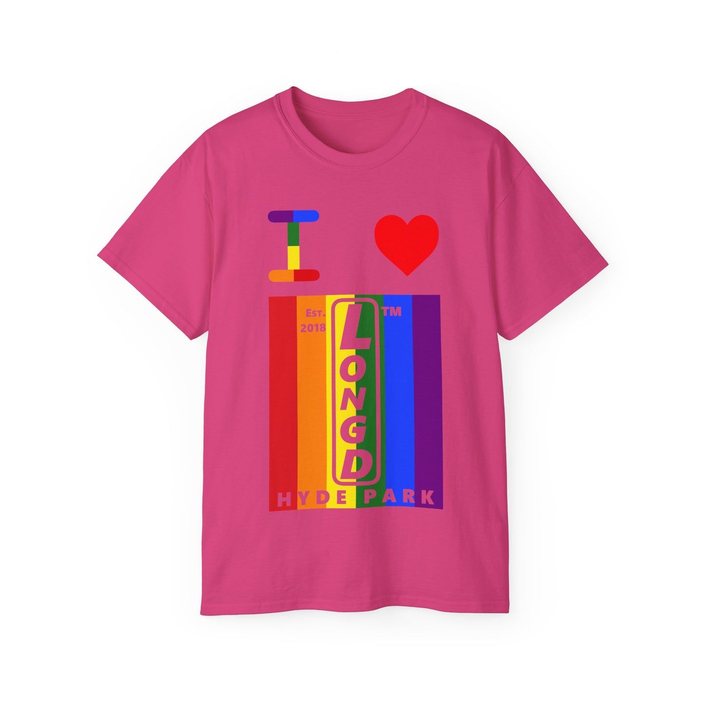 I Luv LongD Cotton Tee negative vertical striped Hyde Park upright logo (Pride colors)