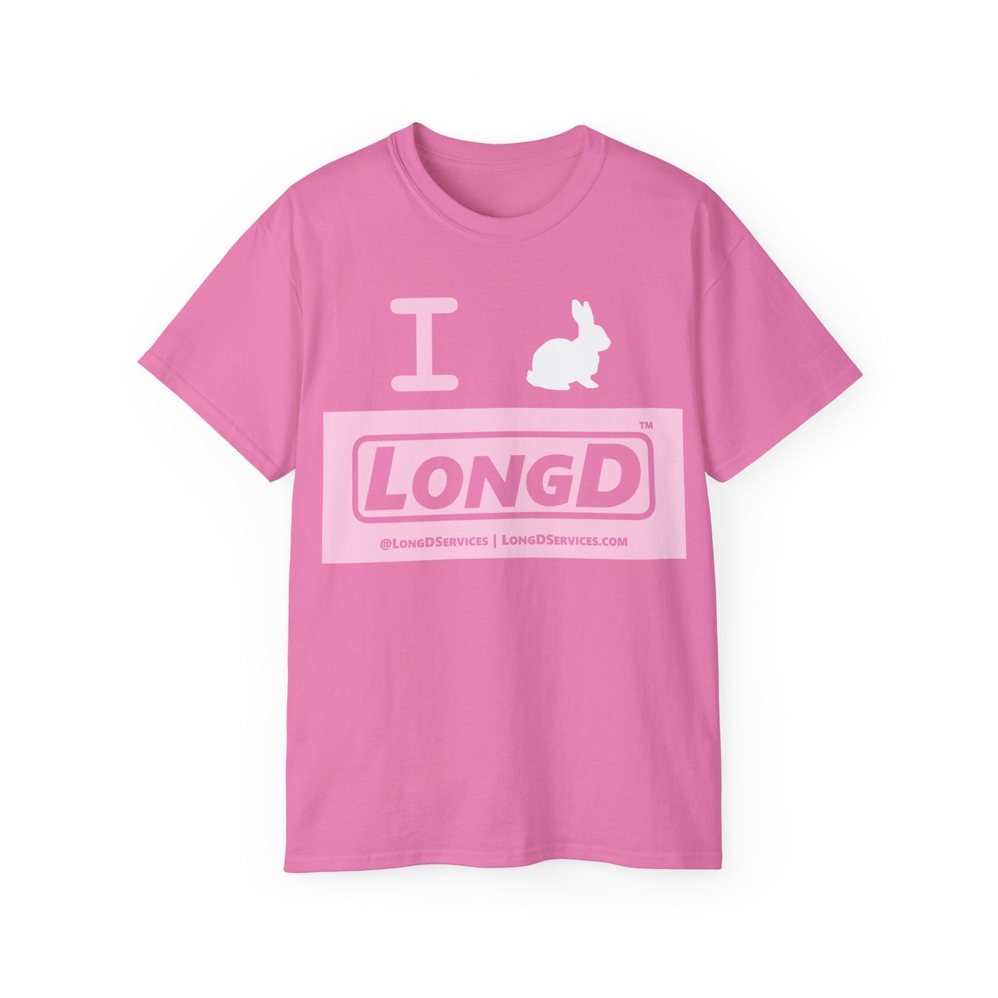I Bunny LongD® Logo Cotton Tee Easter pastel pink negative text (white Easter Bunny)