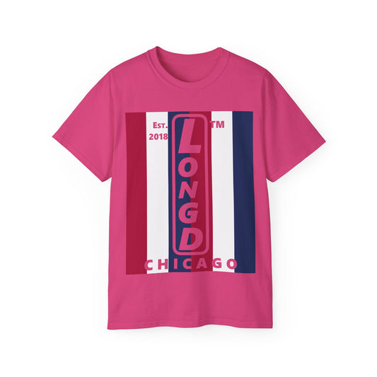 LongD cotton tee negative vertical 6-striped Chicago upright logo (Patriotic colors)