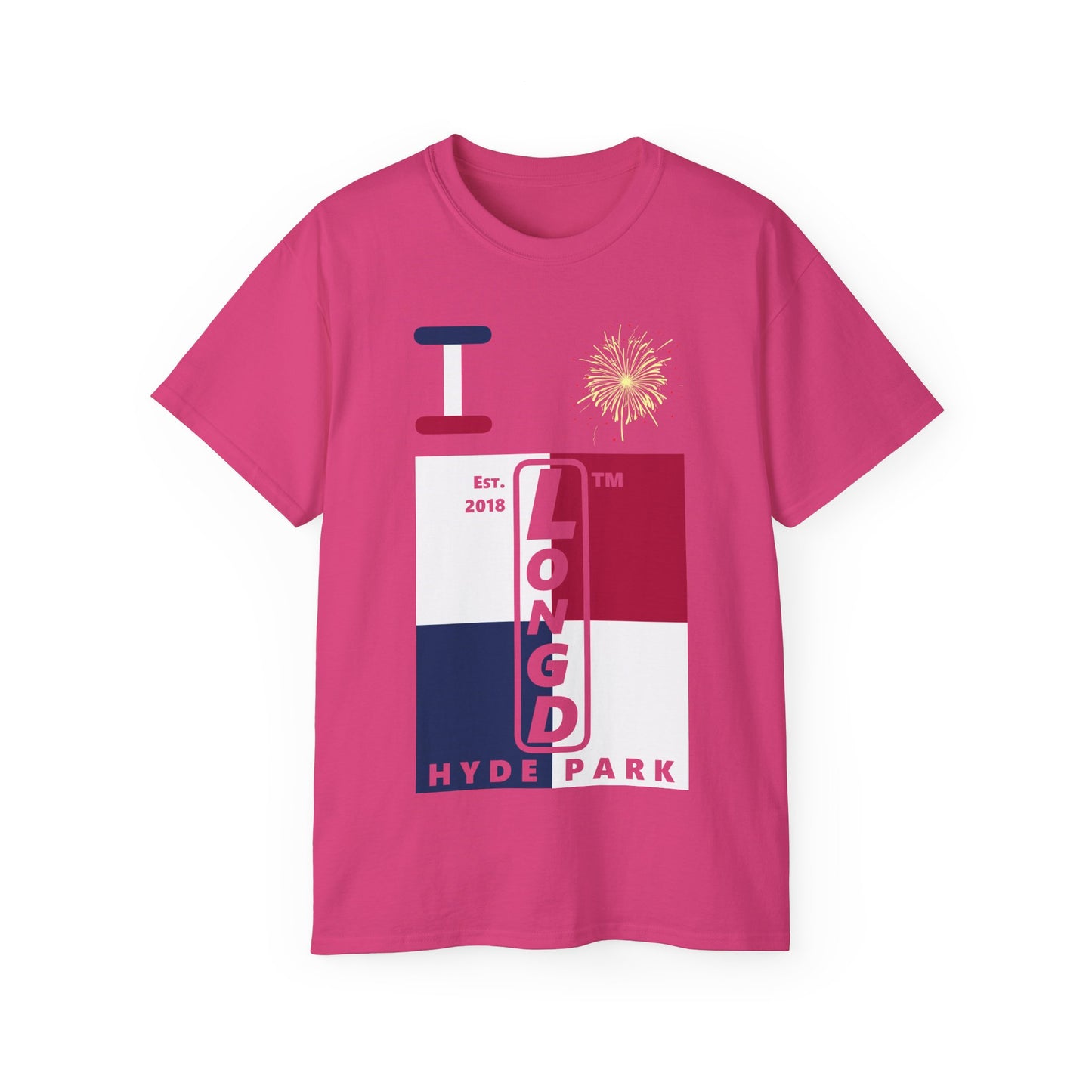 I Burst LongD cotton tee negative quarters Hyde Park upright logo (Patriotic colors)