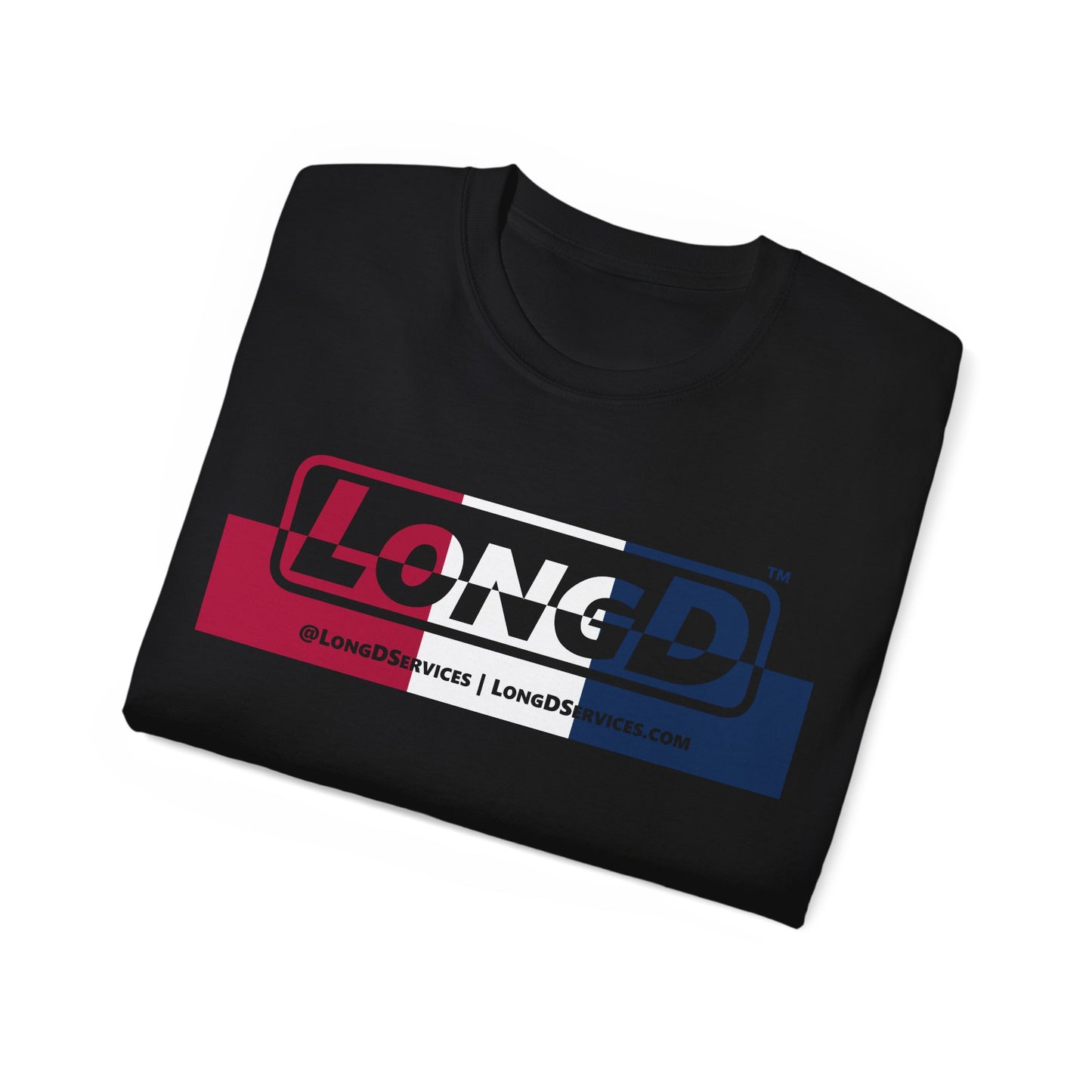 LongD® Logo Cotton Tee Red, White and Blue positive top negative bottom thirds text