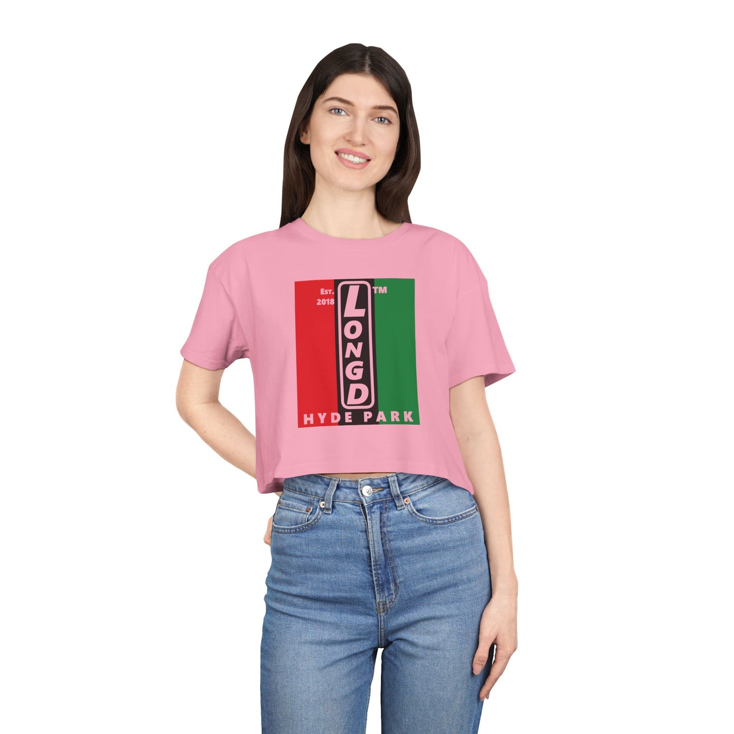 Negative vertical 3-striped upright front-back Hyde Park logo crop tee (Juneteenth colors)
