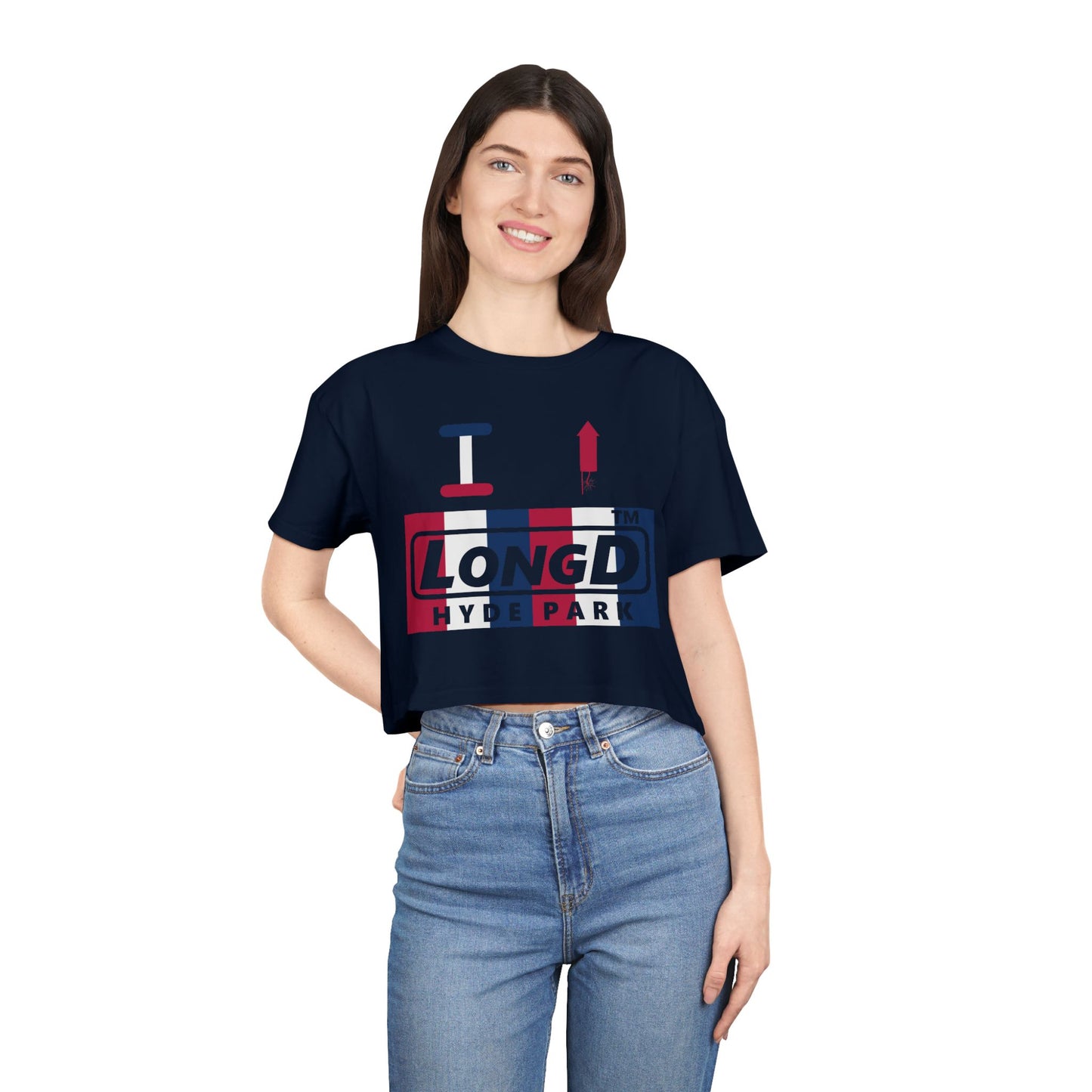 I firecracker LongD negative vertical 6-striped Hyde Park Logo Crop Tee (Patriotic colors)