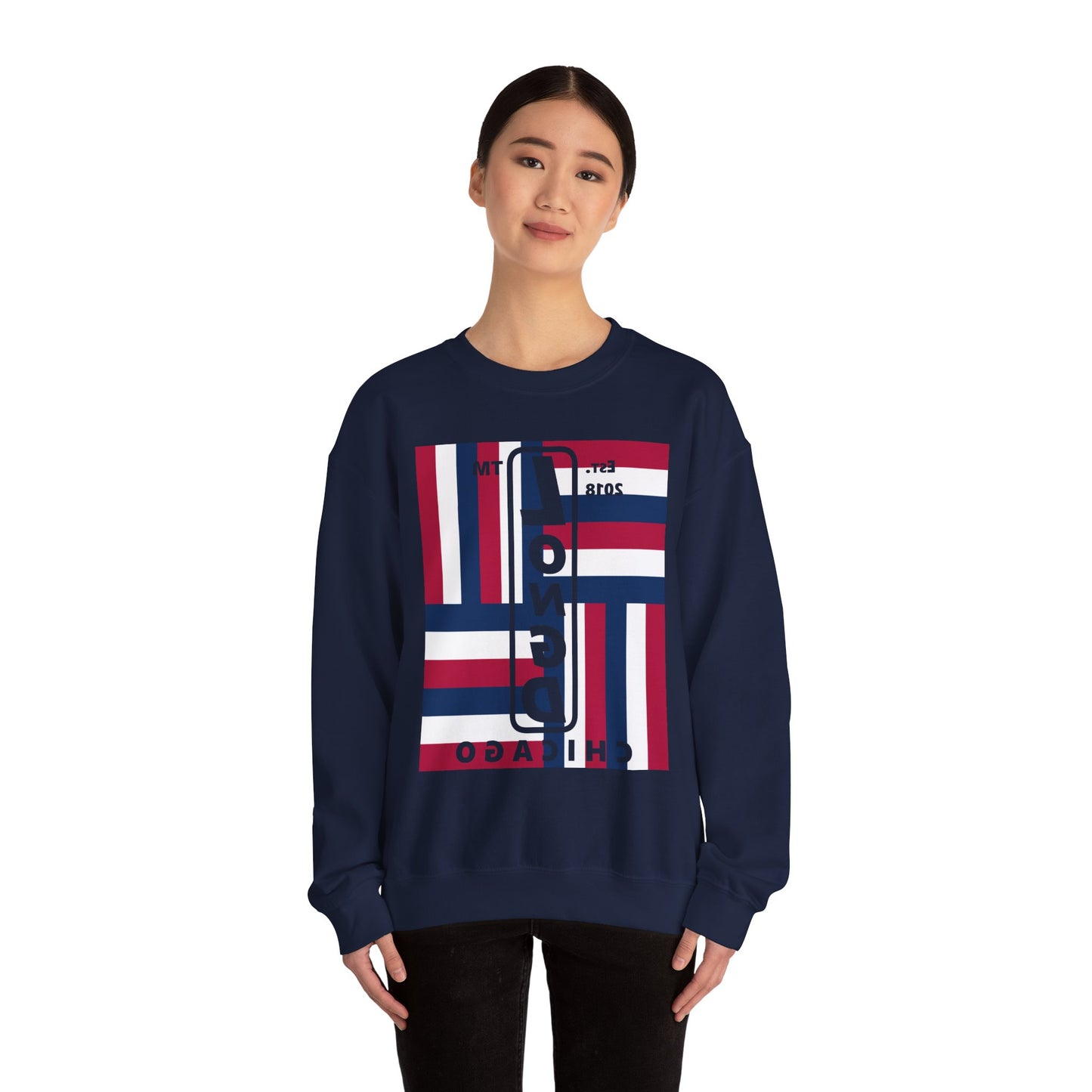 LongD negative rotated windmill Chicago front-back upright logo crewneck sweatshirt (patriotic colors)
