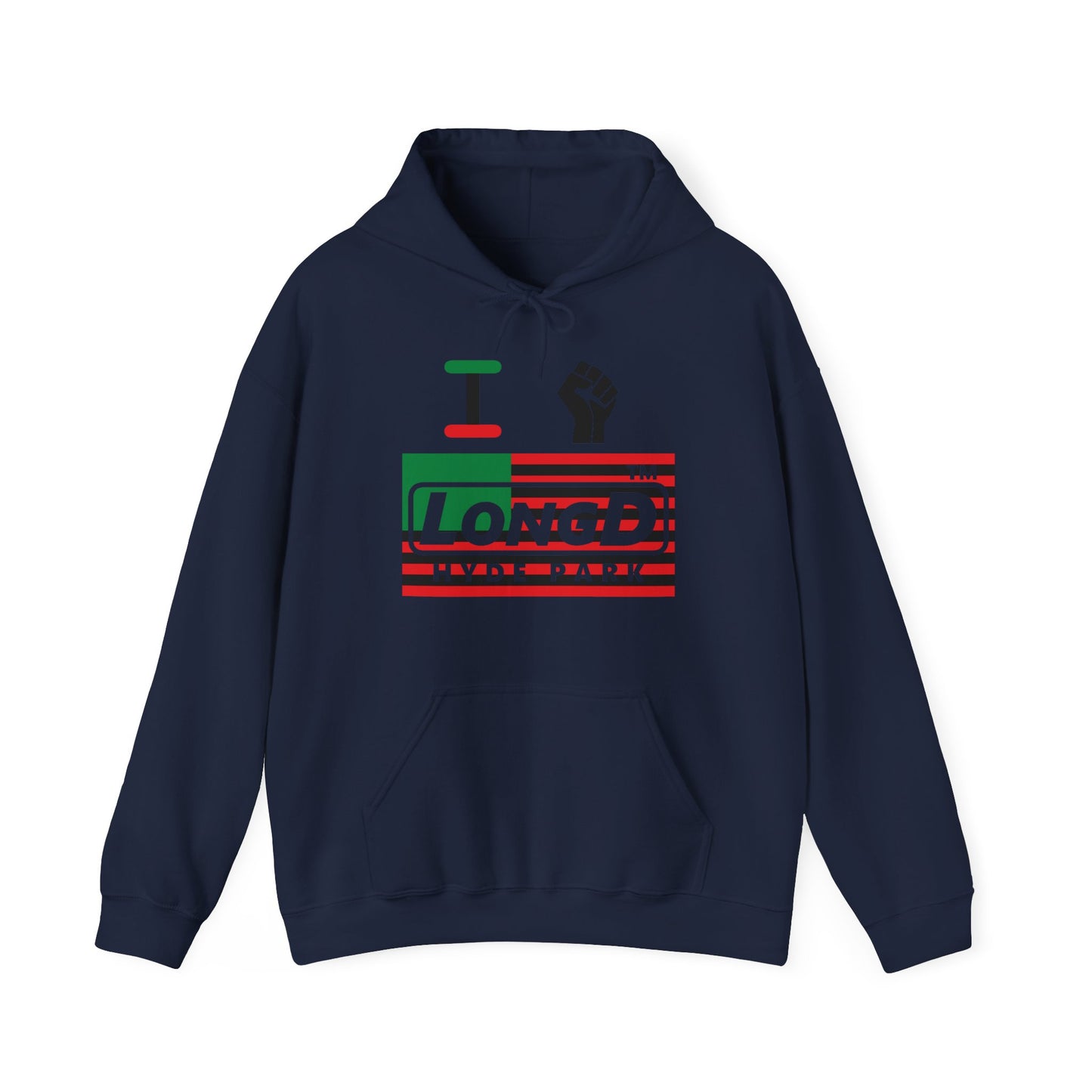 I fist LongD® negative flag Hyde Park logo Hoodie (Juneteenth colors)