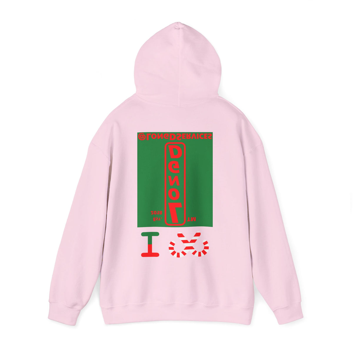 I candy cane LongD Tag upright front-back logo positive red on negative green hoodie